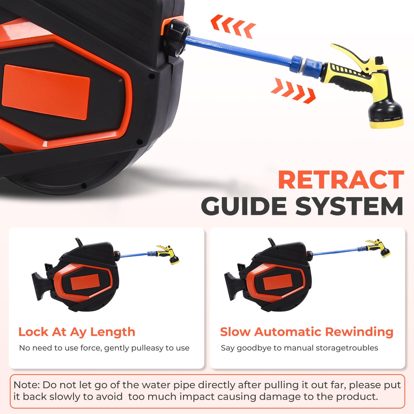 Retractable Garden Hose Reel 5/8 In X 100 Ft Automatic Wall Mounted Water Hose with 10 Pattern Nozzle Any Length Lock Slow Retraction 180° Swivel