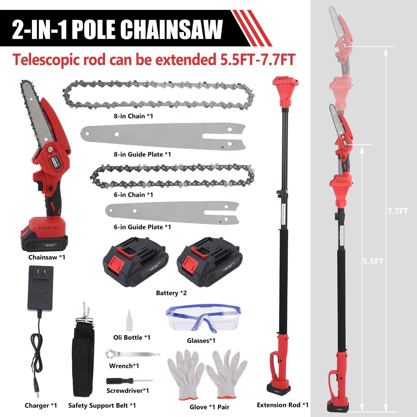 2-in-1 Brushless Cordless Pole Saw,6in + 8in Mini Chainsaw & Pole Saw with 2pcs 2.0A Batteries, 13.6ft Max Reach Brach Tree Saw Telescoping Extension Rod for Wood Tree Trimming Wood Cutting,Red