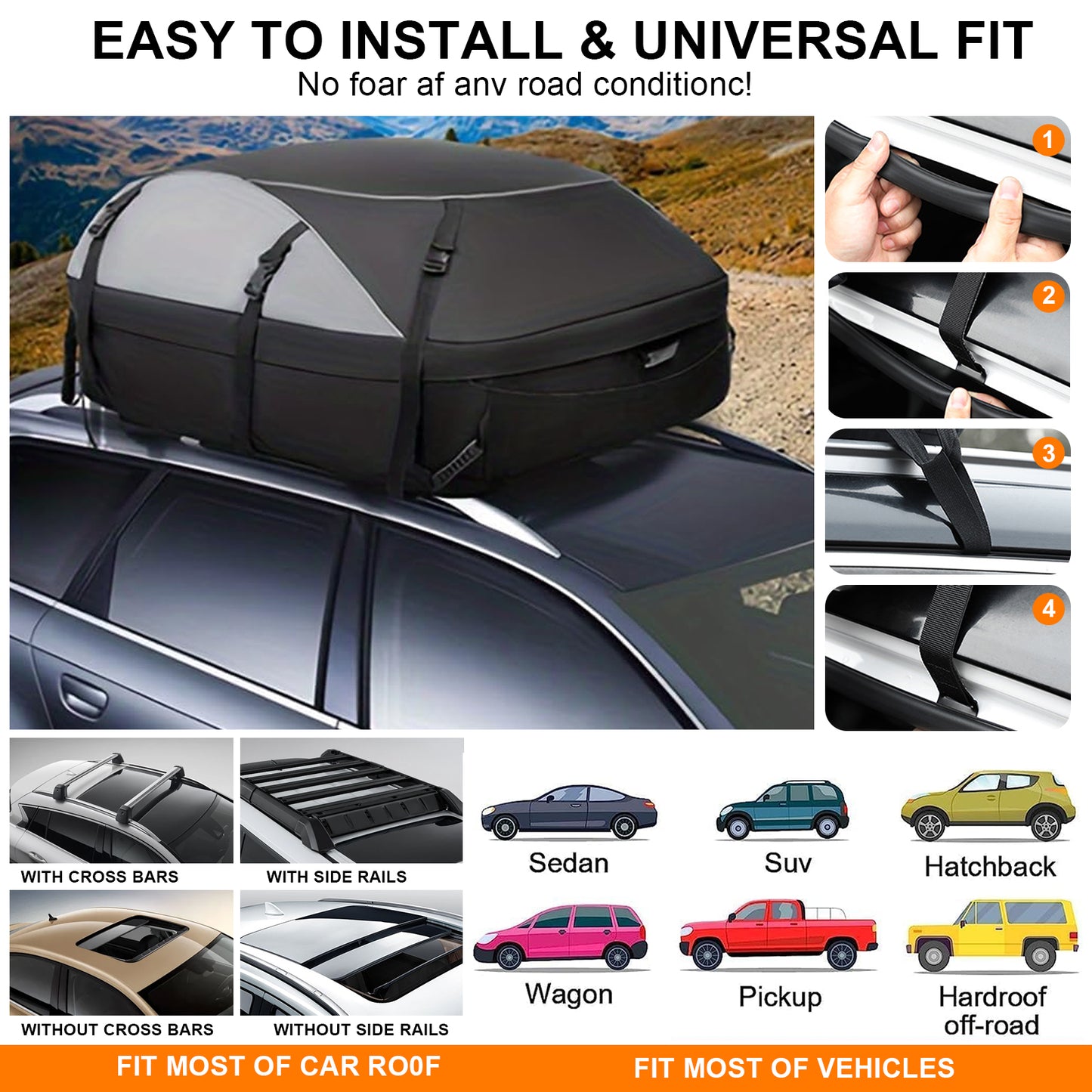 Rooftop Cargo Carrier, 25 Cubic Ft 1000D Waterproof Vehicle Soft-Shell Carriers for Cars with/Without Luggage Rack, Car Roof Bag with Combination Lock, 6 Door Hooks, Reinforced Strap,Storage Bag