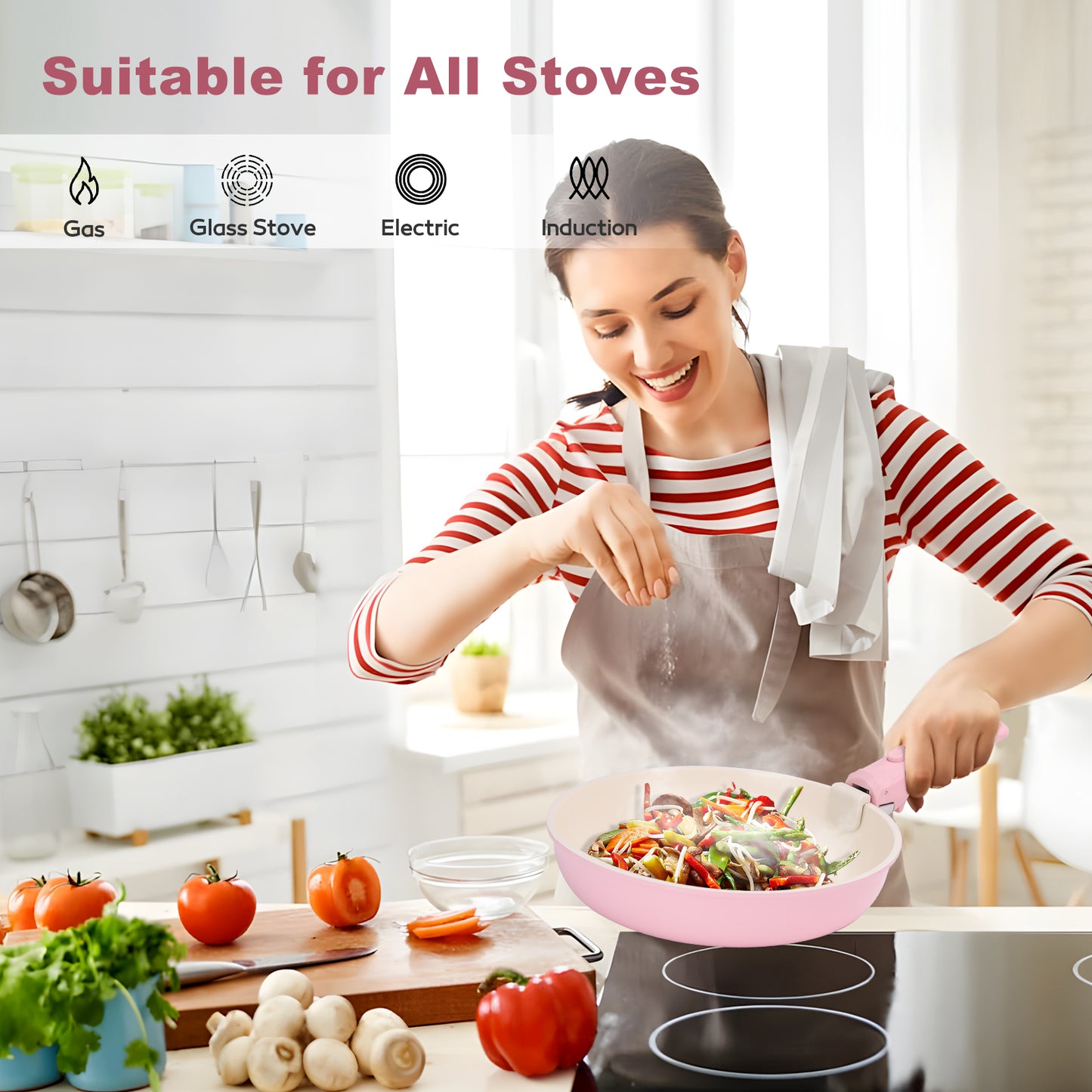 17 Piece Ceramic Pots and Pans Set, Nonstick Cookware Set with Detachable Handles, Oven Safe to 480°F, Induction Compatible, Stackable RV Kitchen Cooking Set, Pink