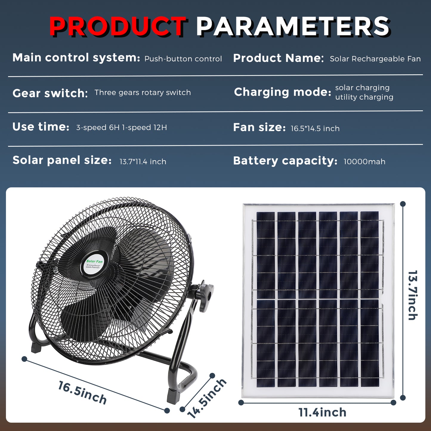 16 Inch Quiet 3 Speed Table Fan with 10000mah Solar Panel Powered and AC Charger Input, Floor Fan High Velocity for In/Outdoor