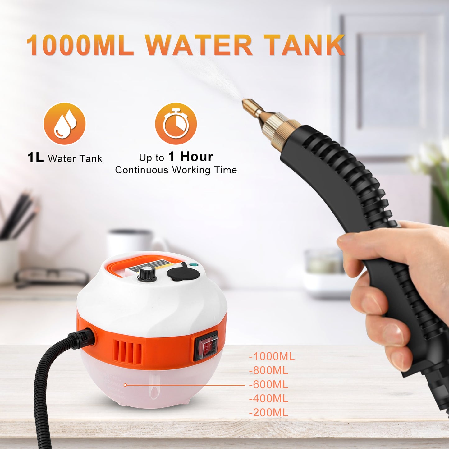 Portable Steam Cleaner 2500W High Temperature Pressurized Steam Cleaning Machine with Brush Heads for Kitchen Furniture Bathroom Car,Hard Floor Surface,White+Orange