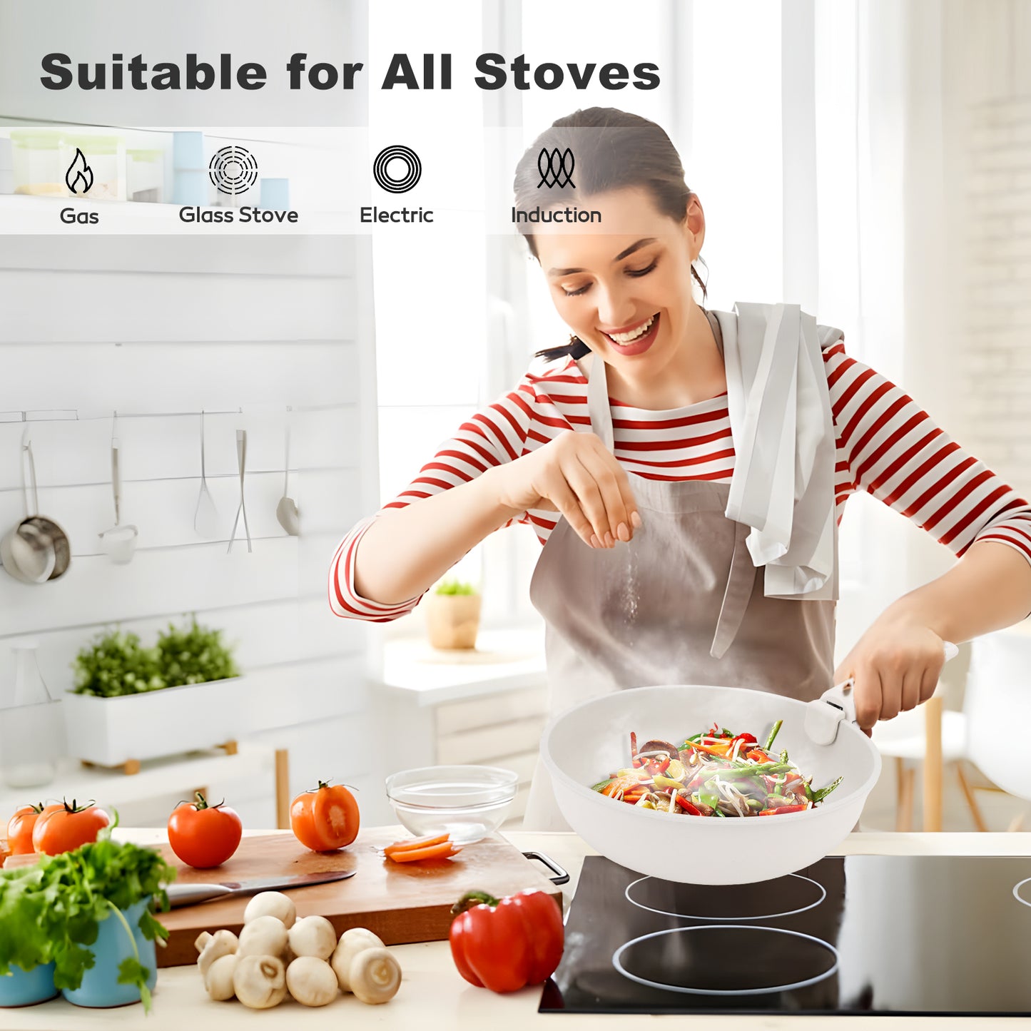 17-Piece Ceramic Pots and Pans Set Non Stick, Cookware Set with Detachable Handle, Oven Safe, Induction Ready, Stackable RV Kitchen Cooking Set Removable Handles