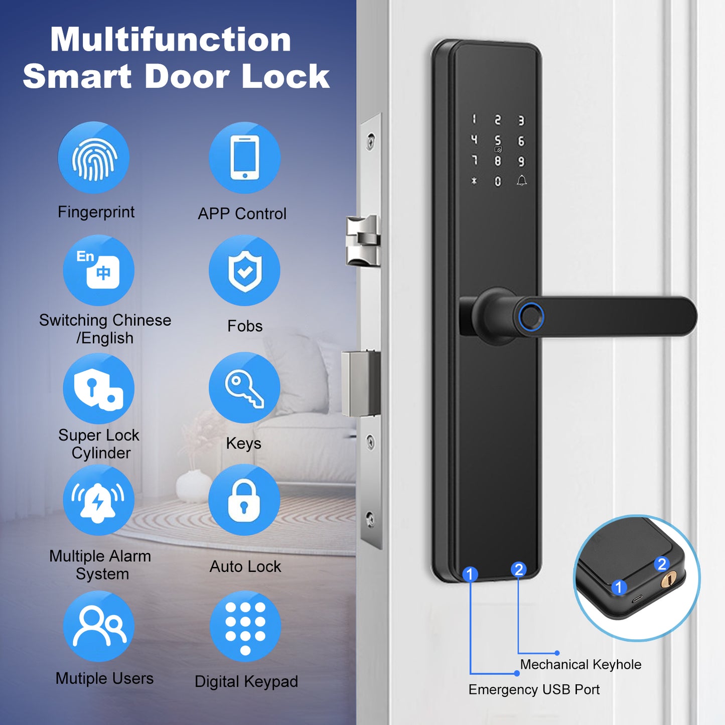 Door Smart Lock Fingerprints Password IC Card Key Anti Theft APP Control Entry Lock for Home Security