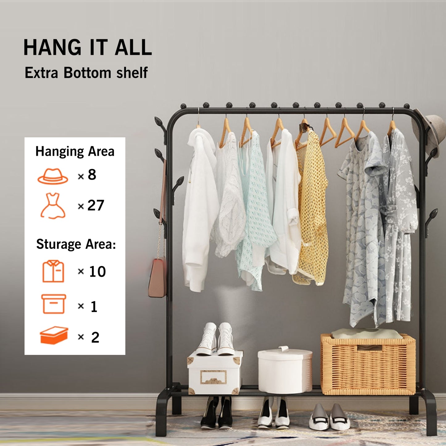 Clothes Rack, Heavy Duty Clothing Garment Rack with Bottom Shelf,Side Hat Hooks,8 Hooks for Hanging Clothes, Coats, Skirts, Shirts, Sweaters, Freestanding Clothes Organizer, Black