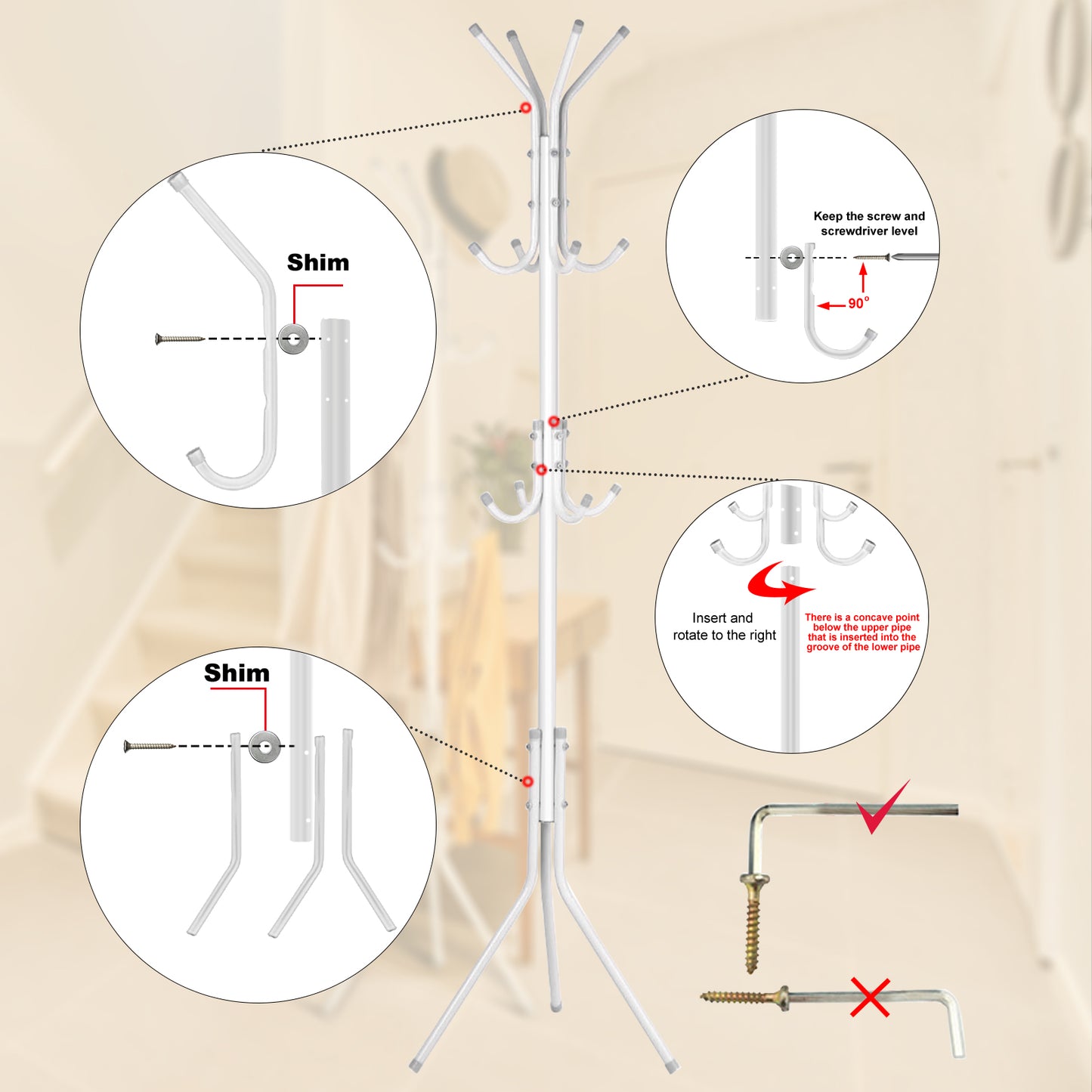 5.7ft Coat Rack Stand Clothes Tree Floor Hats Hanger Holder with 12 Hooks Sturdy Freestanding Multi Hooks Hanging Clothes, White