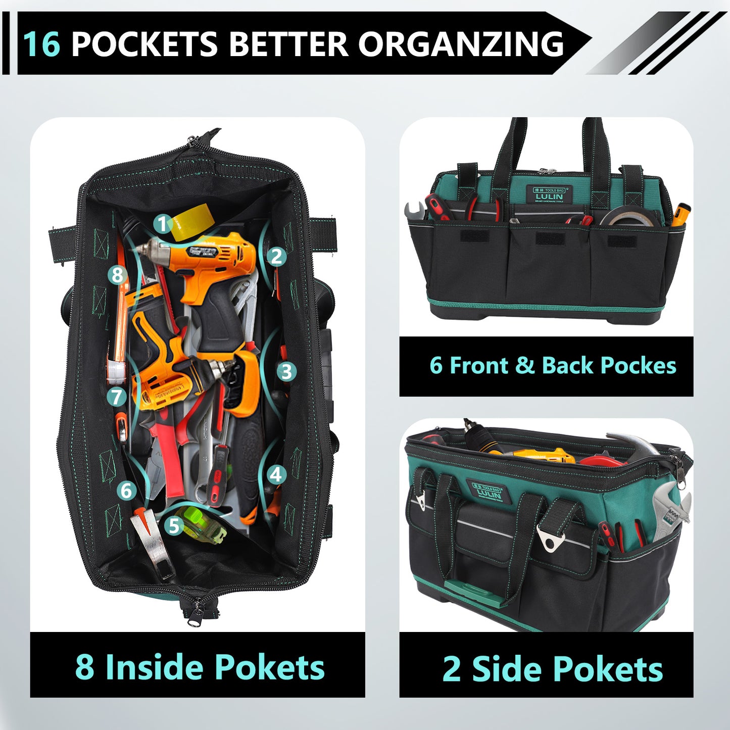 19-inch Tool Bag With 16 Pockets, Heavy Duty Hand Tool Storage Bag with Adjustable Shoulder Strap & Waterproof Strong Molded Base, for Tool Kit Organizer Bag