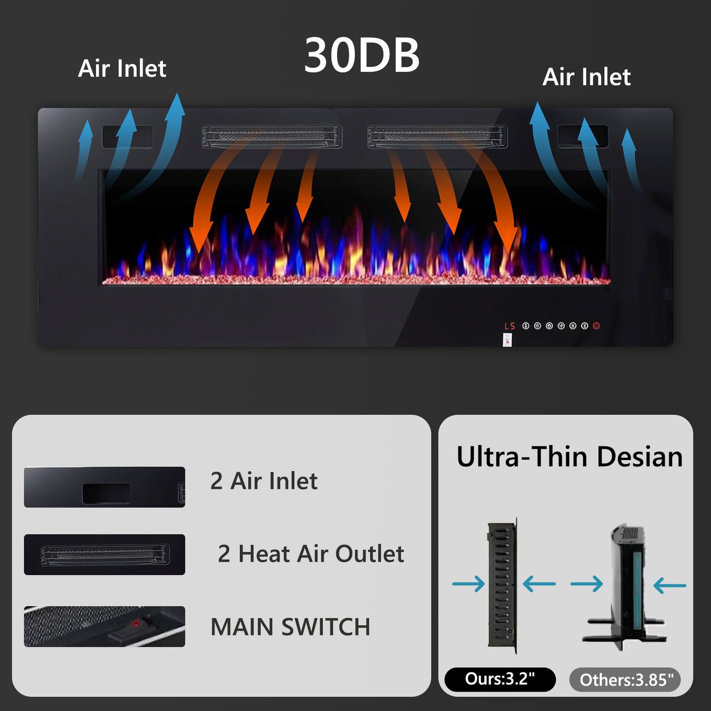 42in 5100BTU Indoor Electric Ultra Thin Mute Fireplace, Wall Mounted Recessed Adjustable Multiple Flame Colors & 5 Speeds & 8H Timer Fireplace with Touch Screen and Remote Control