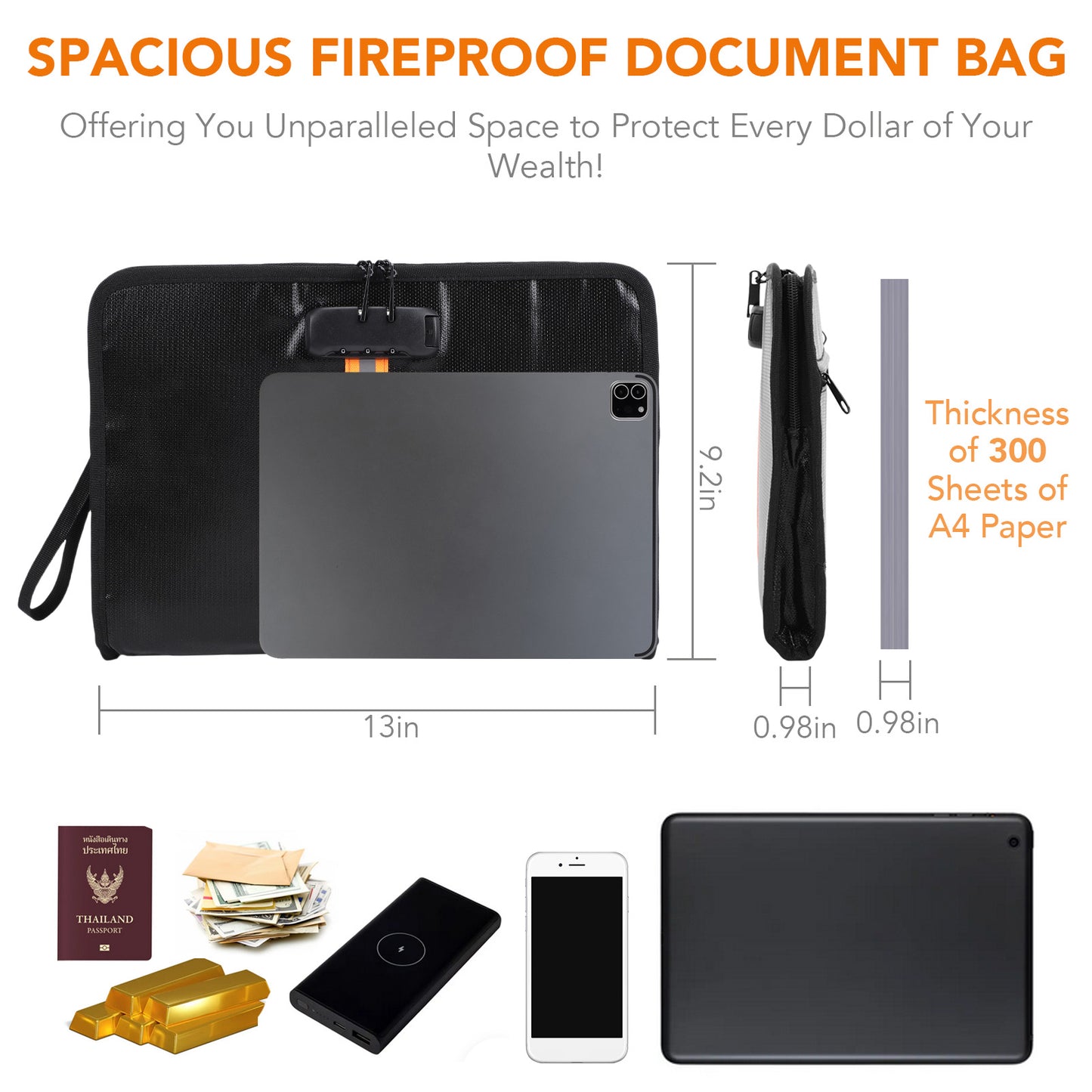 Fireproof Document Bag,13"×9.2" Fireproof Money Bag,with Combination Lock,Suitable for Tablets, A4 Documents, Cash, Mobile Phones, Credit Cards and Files,Orange