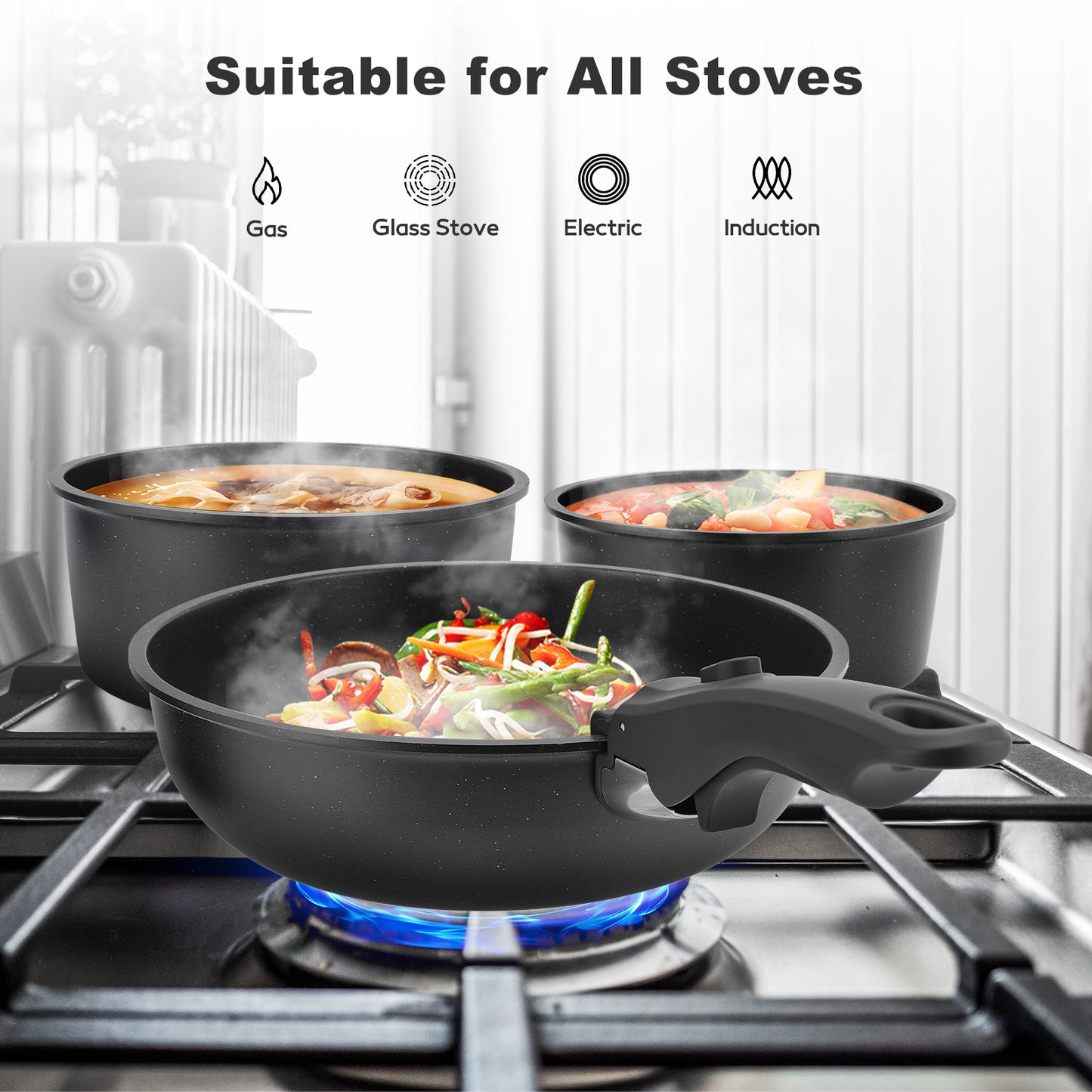 17-Piece Pots and Pans Set, Nonstick Cookware Set with Detachable Handles, Oven & Dishwasher Safe, Induction Compatible, Stackable RV Kitchen Cooking Set, Black