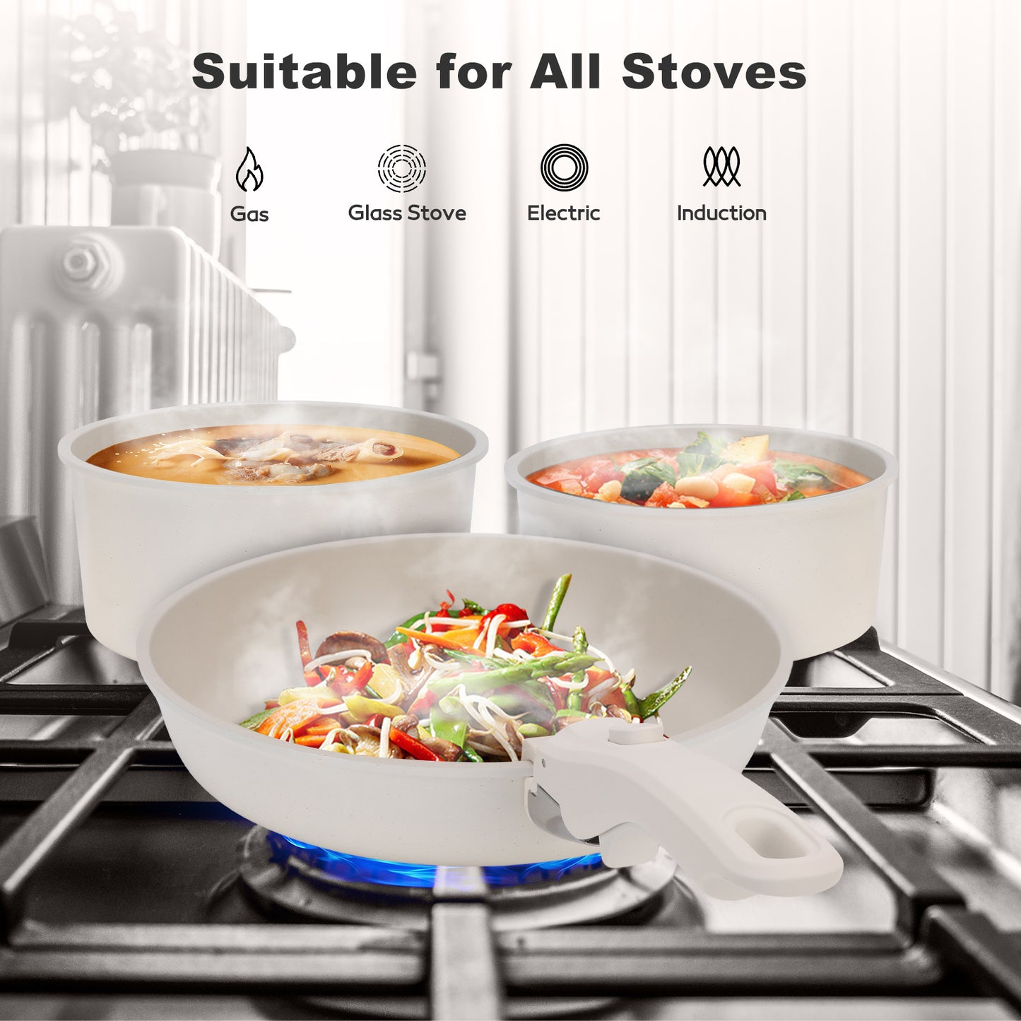 20 Piece Ceramic Pots and Pans Set Non Stick, Cookware Set with Detachable Handles, Oven Safe, Induction Ready, Stackable RV Kitchen Cooking Set, Cream White
