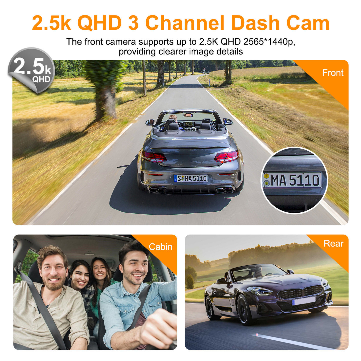 3 Channel Dash Cam, Front Rear 4K/2.5K+1440P 3.16" Full HD with Wi-Fi & 64GB Card Car Dashboard Recorder IPS Screen ,Night Vision Wide Angle, G-Sensor, 24H Parking, Loop Recording