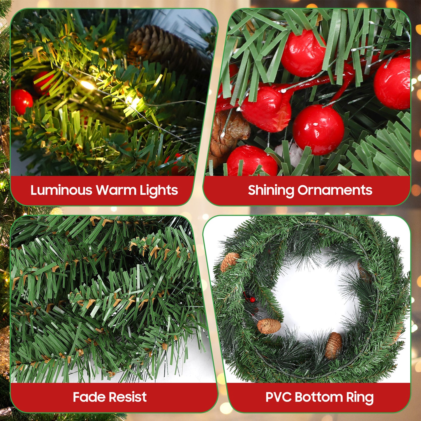 24 Inch Pre-Lit Artificial Christmas Wreath, Green, Crestwood Spruce, White Lights, Decorated with Pine Cones, Berry Clusters, Frosted Branches, Christmas Collection