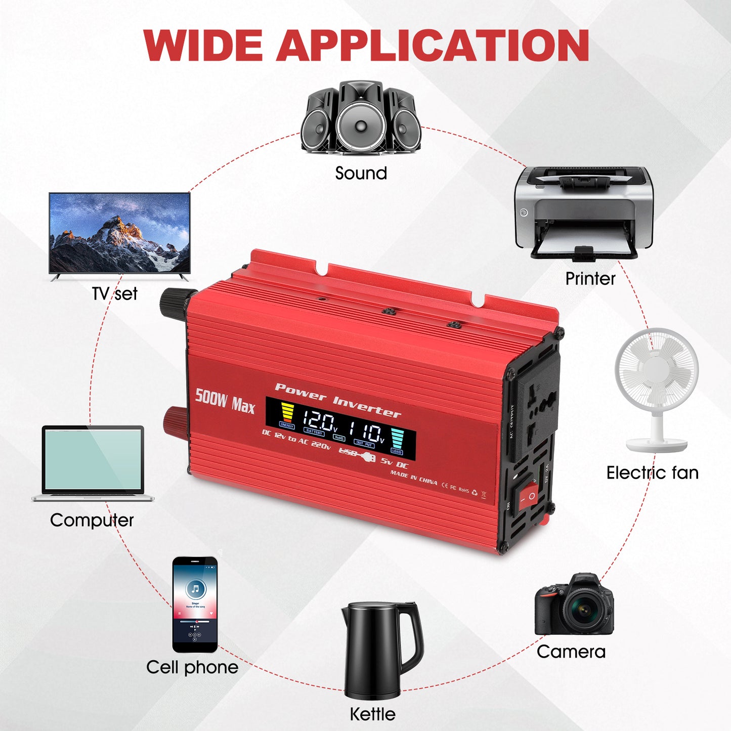 500 Watts Pure Sine Wave Power Inverter for Vehicles, Converter DC 12v to AC 110V Car Inverter with USB Port and LCD Screen