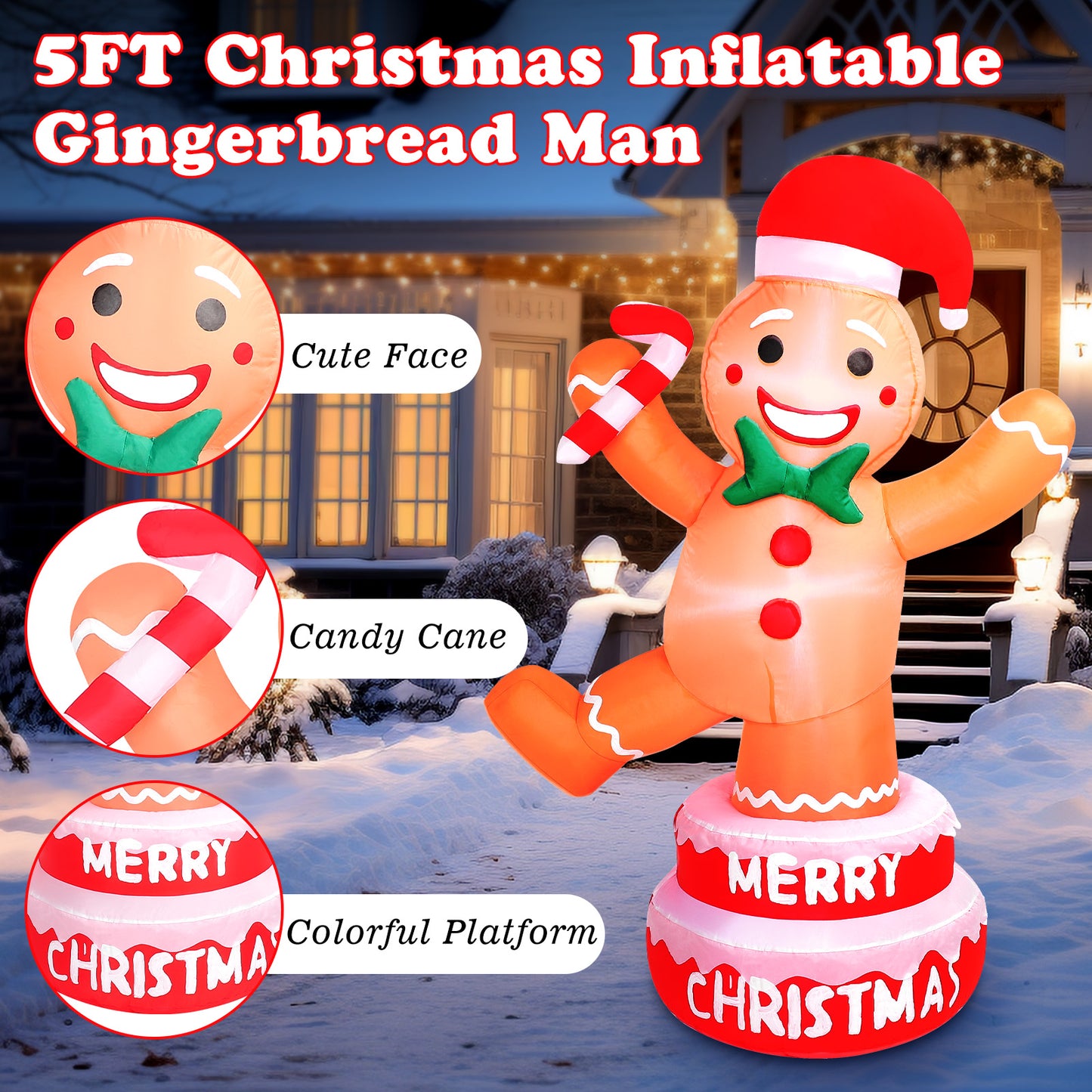 5 FT Christmas Inflatable Outdoor Decorations Gingerbread Man with Cane Candy, Lovable Blow up Gingerbread with Xmas Hat, Built-in LED Lights for Yard Garden Lawn Indoor Home Holiday Decor
