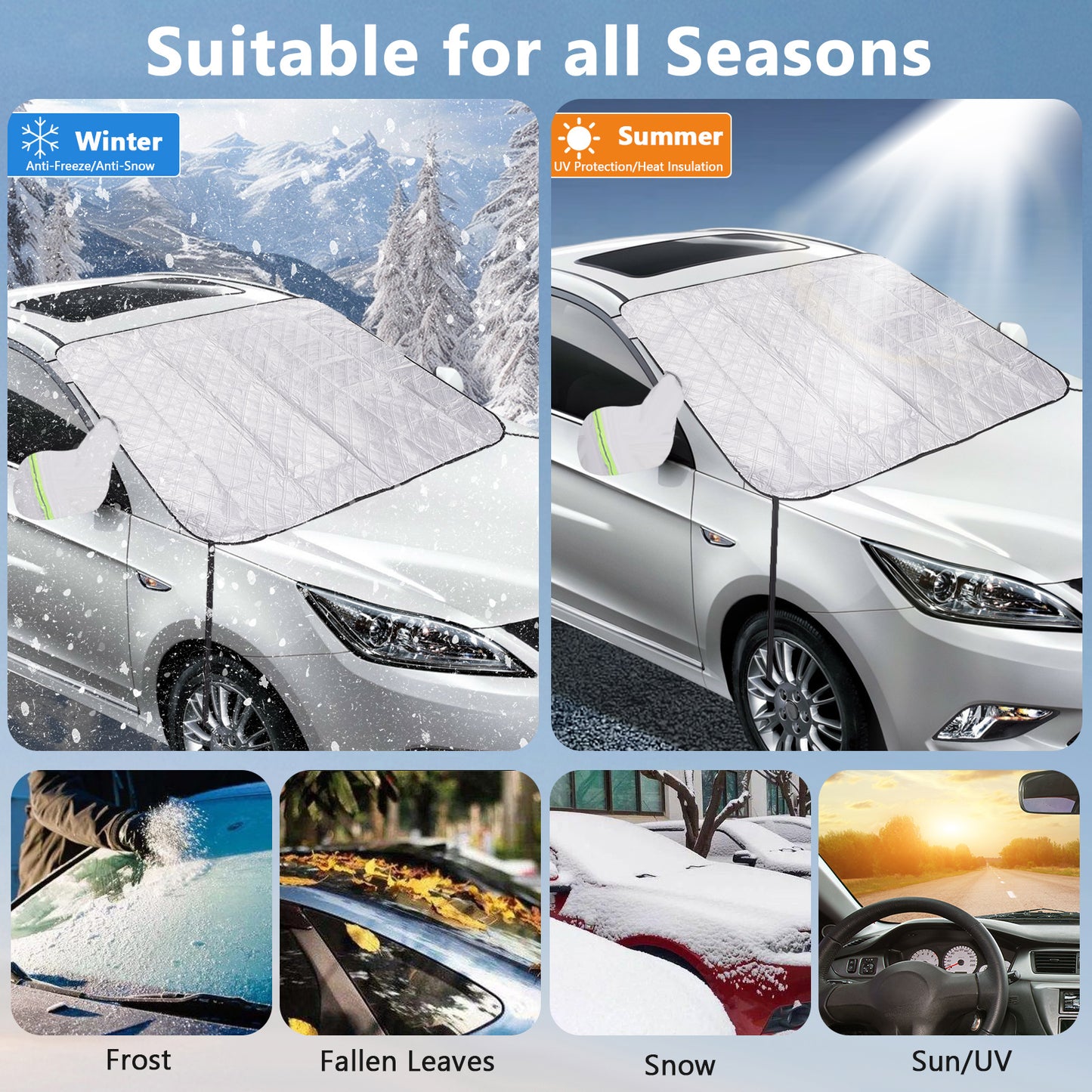 Car Windshield Cover,Snow Cover with Side Mirrors Cover,Windshield Shade with Edges & Fixing Straps for Car SUV CRV Trucks