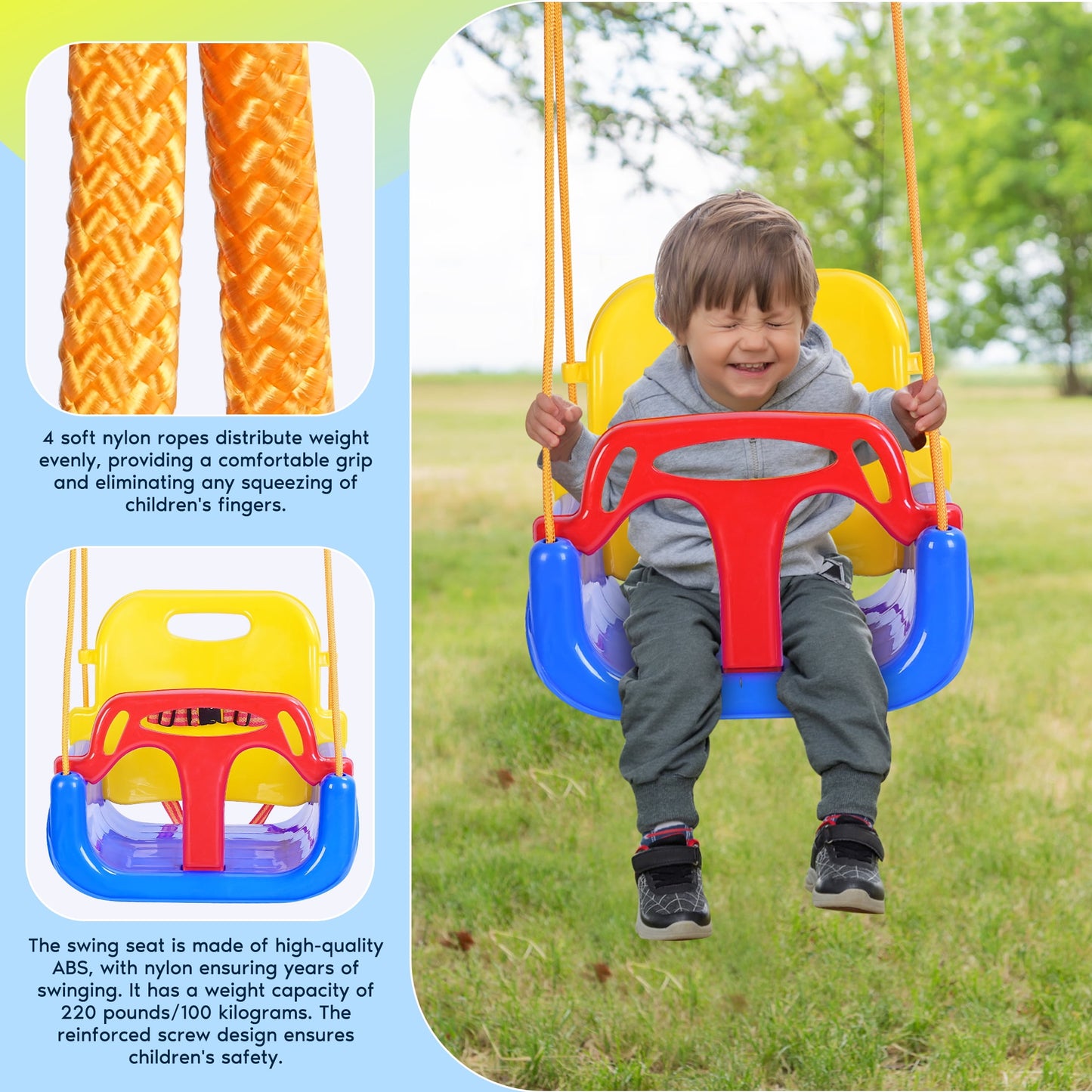 3-in-1 Baby Swing Seat with Hanging Strap for Kids,High Back Toddler Swing Set Anti-Flip Snug & Secure Detachable to Infants Babies for Indoor/Outdoor Playset