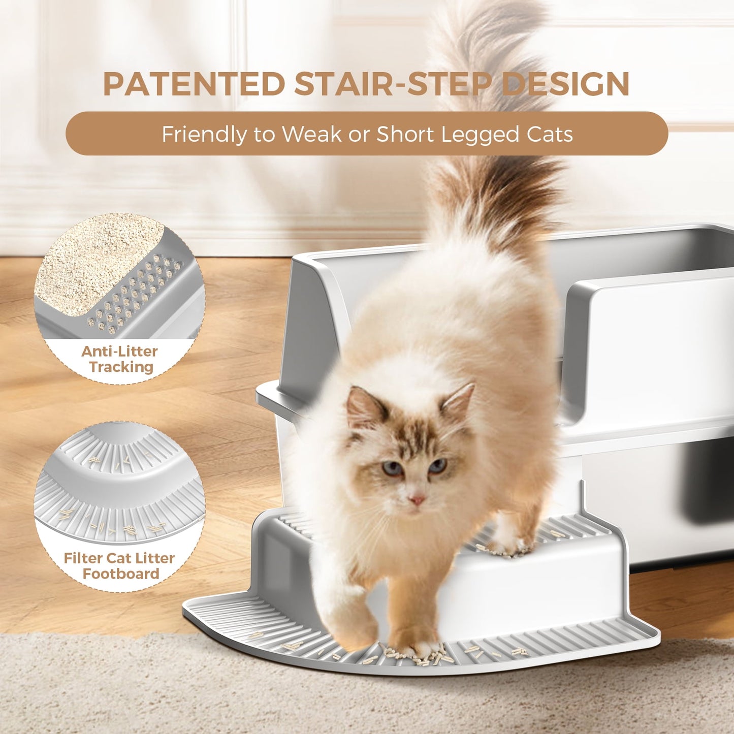 LHCER Enclosed Stainless Steel Cat Litter Box Extra Large Litter Box for Big Cats, High Side Enclosure Metal Litter Pan Tray with Scoop, Anti-Leakage, Easy Cleaning