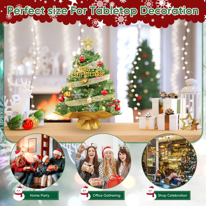 24 inch Tabletop Christmas Tree with LED String Lights/Red Berries Pine Cones, Mini Christmas Tree with 30 DIY Ornaments, 2ft Small Artificial Xmas Spruce Tree for Holiday Indoor Christmas Decoration