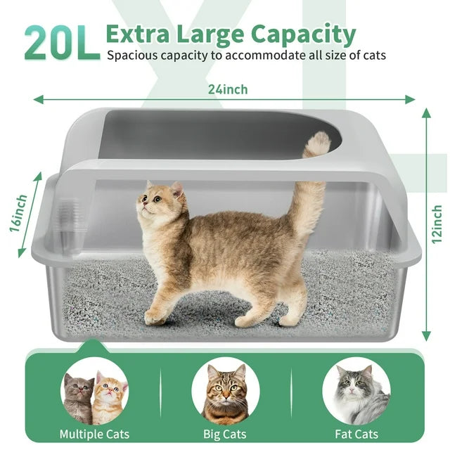 ZAQW Large Stainless Steel Cat Litter Box, Scoop, and Mat Set - Odor, Stain, and Rust Resistant w/ Easy Cleaning Tray