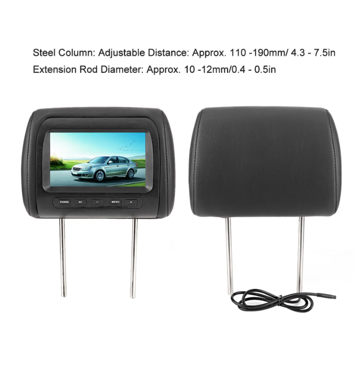 Wireless Adjustable Headrest LCD Car Video Monitors with Data Cable, Black, 7 inches, 2 pieces
