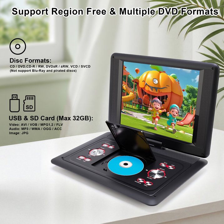 25.8" Portable DVD Player with 14.1" HD Screen for Car, Built-in Rechargeable Battery, Dual Speakers, Support USB/SD Card/Sync TV and Multiple Disc Formats, Remote Control, with Car/AC Adapter, Black