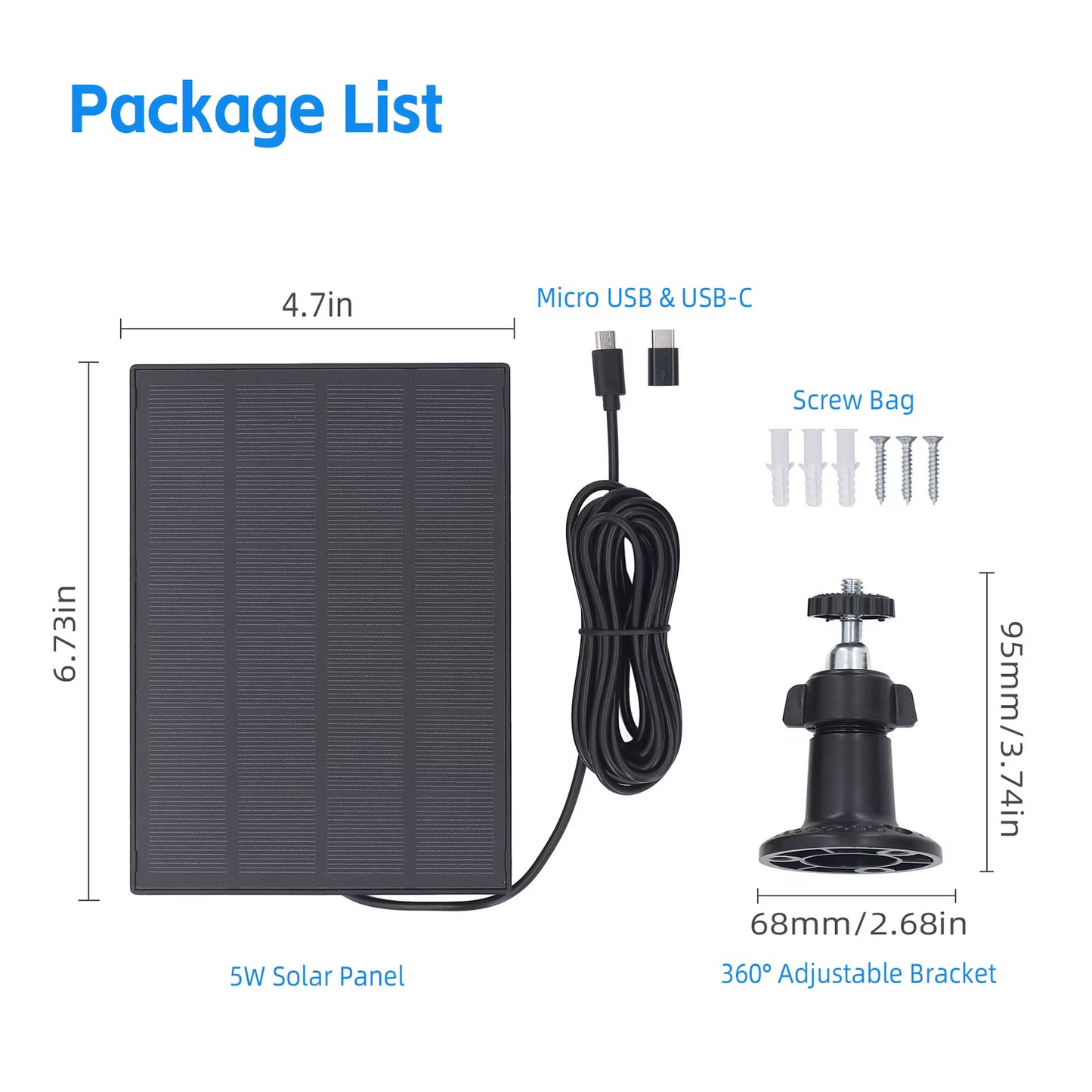 5W Solar Panel for Security Camera Outdoor, Solar Panel with Micro USB & USB C Port for DC 5V Outdoor Rechargeable Battery Camera, IP65 Waterproof, 360° Adjustable Mounting, 9.8ft Cable