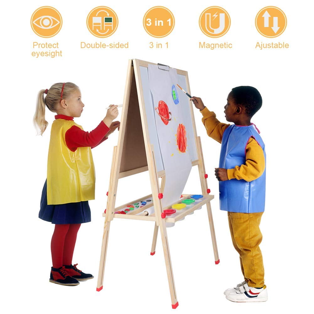 EBTOOLS Kids Wooden Art Easel, Double Sided Whiteboard Chalkboard Children Easel,Adjustable Height Dry Easel Drawing with Kids Art Easel Playset for Boys Girls Gifts Painting Accessories