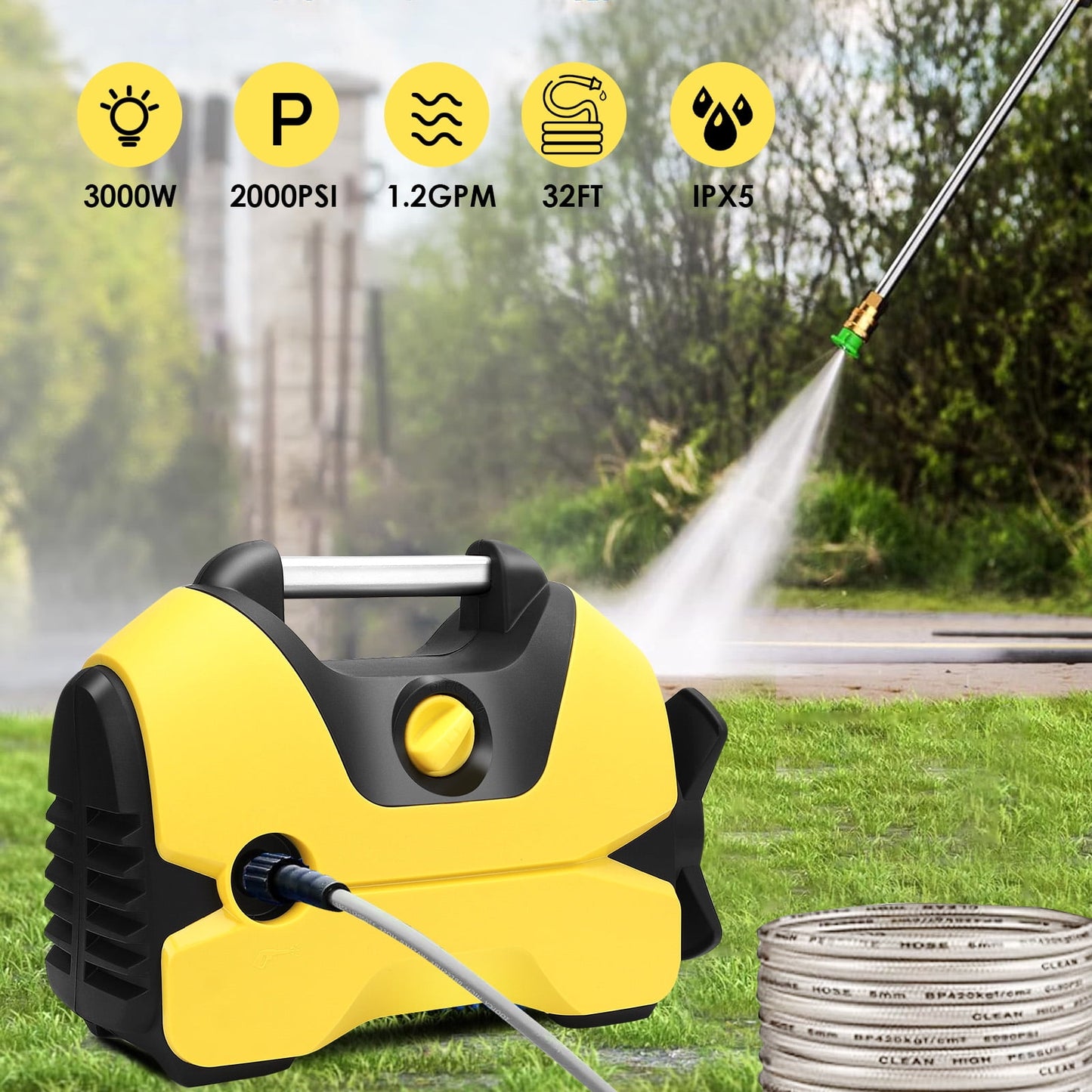 Electric Pressure Washer, 2200 PSI, Max 1.4 GPM Power Washer with 32 Ft Hose, 4 Quick Connect Nozzles, Foam Cannon, Portable To Clean Patios, Cars, Fences, Driveways