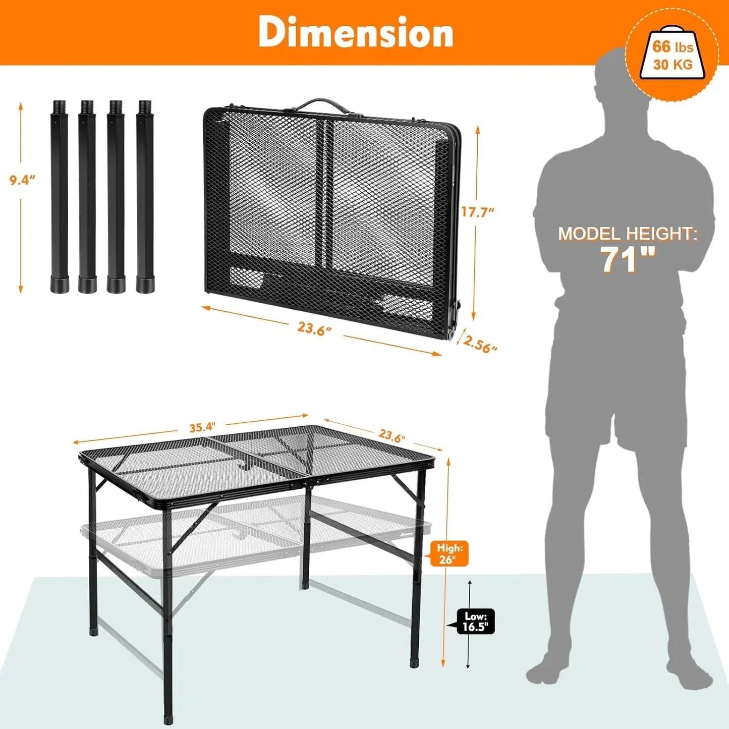 3FT Camping Folding Table with Adjustable Height(16.5"/26"), Black Metal Mesh Table with Carry Handle, Lightweight Portable Folding Grill Table for Camping Tailgating BBQ Picnic Indoor, up to 66 lbs