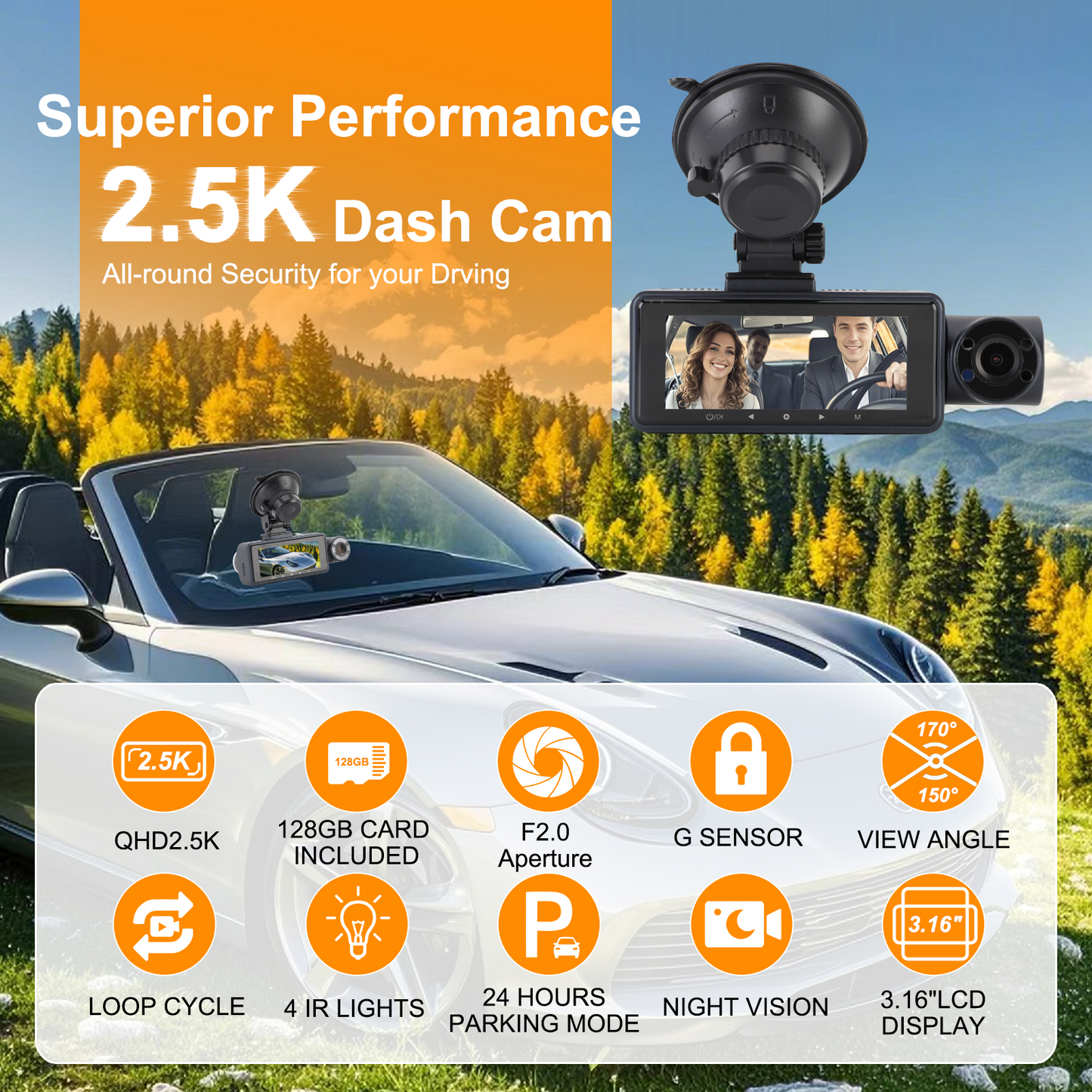 3 Channel Dash Cam, Front Rear 4K/2.5K+1440P 3.16" Full HD with Wi-Fi & 64GB Card Car Dashboard Recorder IPS Screen ,Night Vision Wide Angle, G-Sensor, 24H Parking, Loop Recording