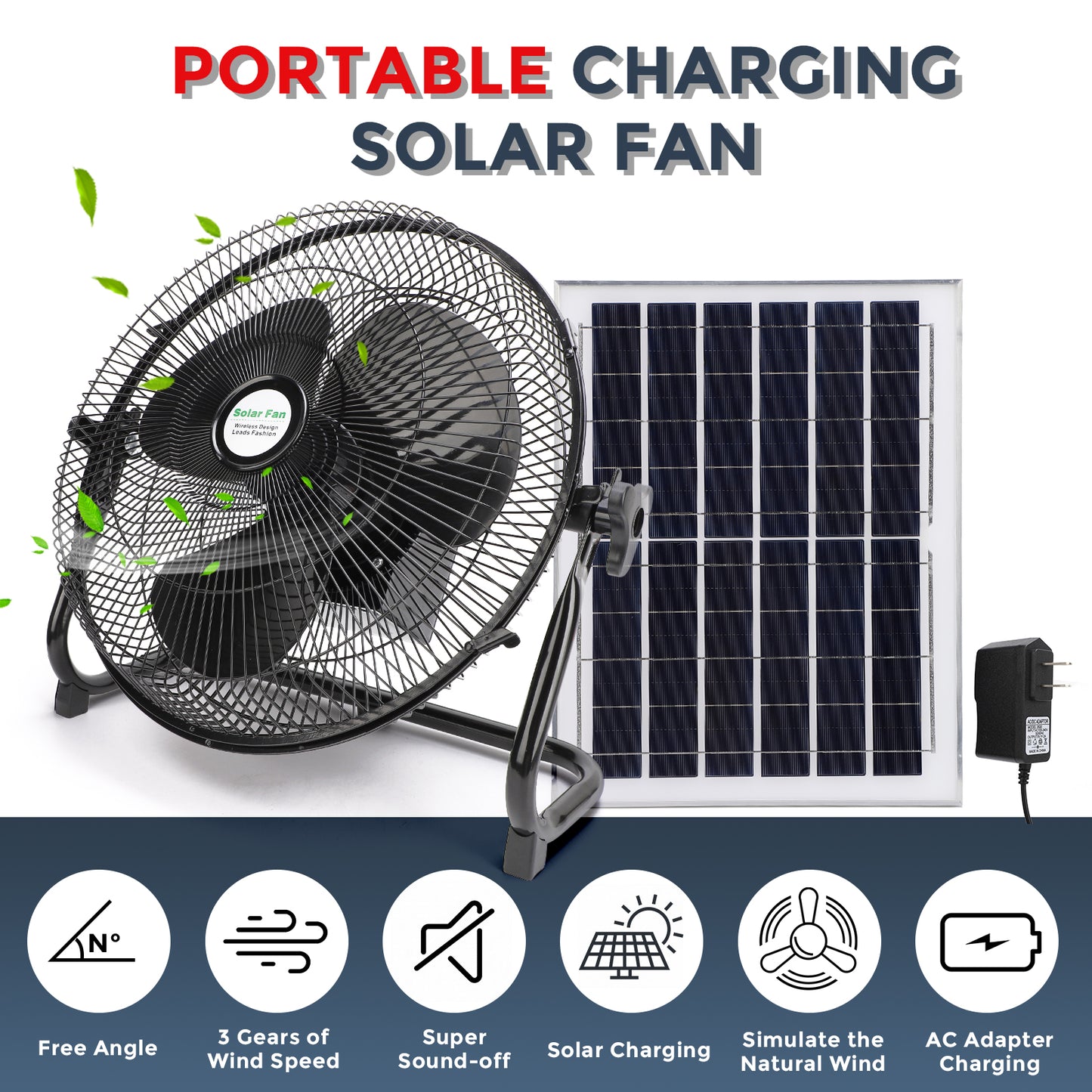 16 Inch Quiet 3 Speed Table Fan with 10000mah Solar Panel Powered and AC Charger Input, Floor Fan High Velocity for In/Outdoor