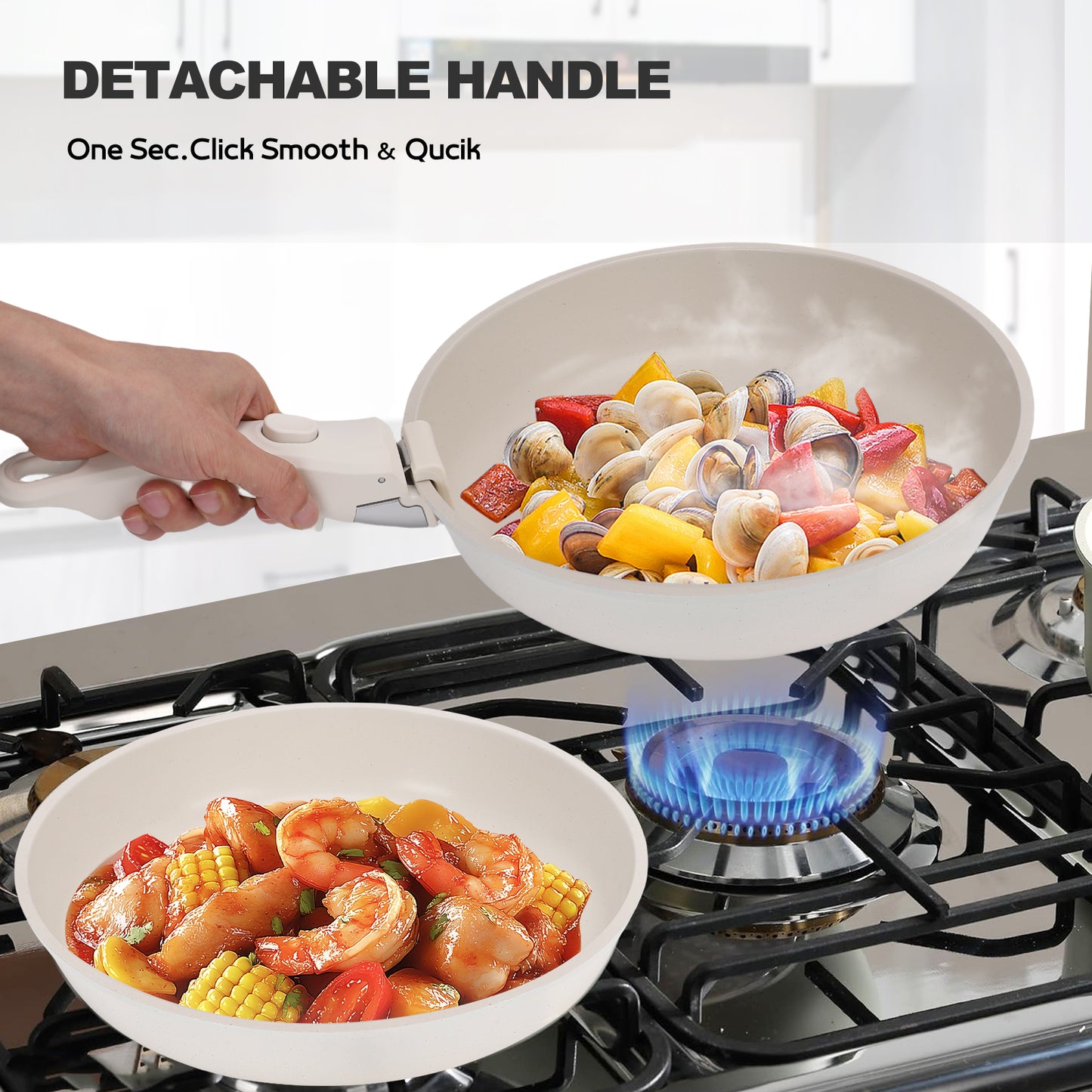 17-Piece Ceramic Pots and Pans Set Non Stick, Cookware Set with Detachable Handle, Oven Safe, Induction Ready, Stackable RV Kitchen Cooking Set Removable Handles
