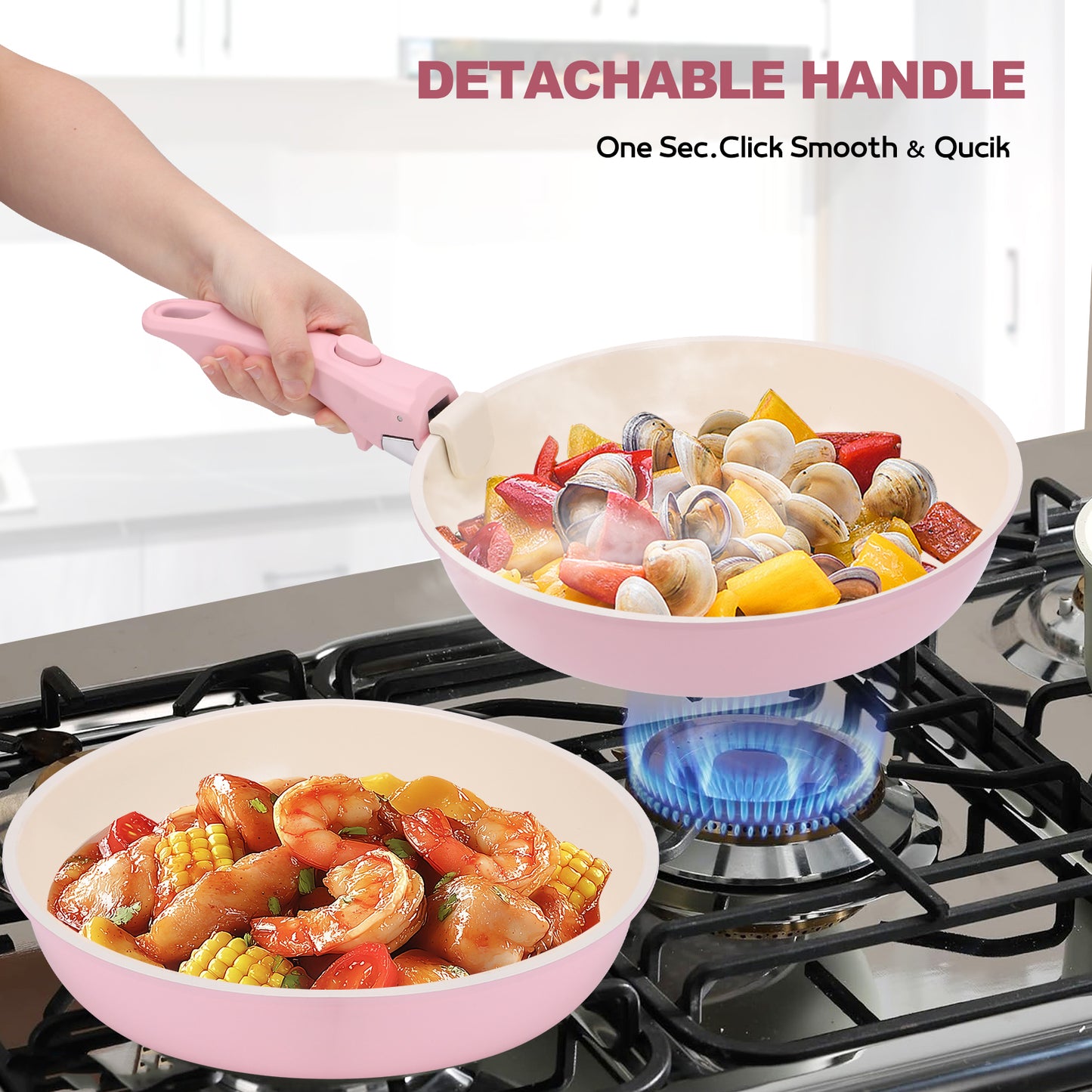 17 Piece Ceramic Pots and Pans Set, Nonstick Cookware Set with Detachable Handles, Oven Safe to 480°F, Induction Compatible, Stackable RV Kitchen Cooking Set, Pink