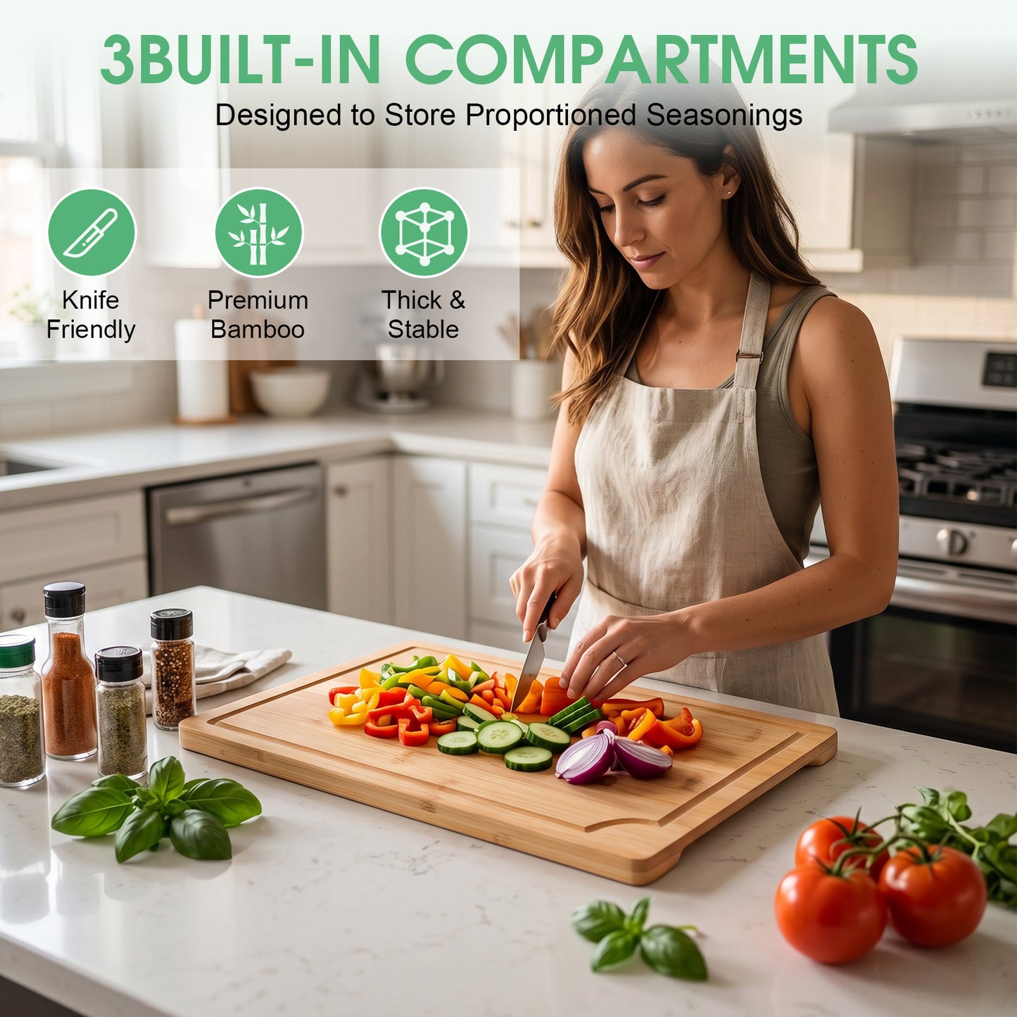 Craft Wood Cutting Board Set For Kitchen, 3pcs Wooden Cutting Boards with Handles, Multifunctional & Sustainable Bamboo Cutting Boards with Deep Grooves