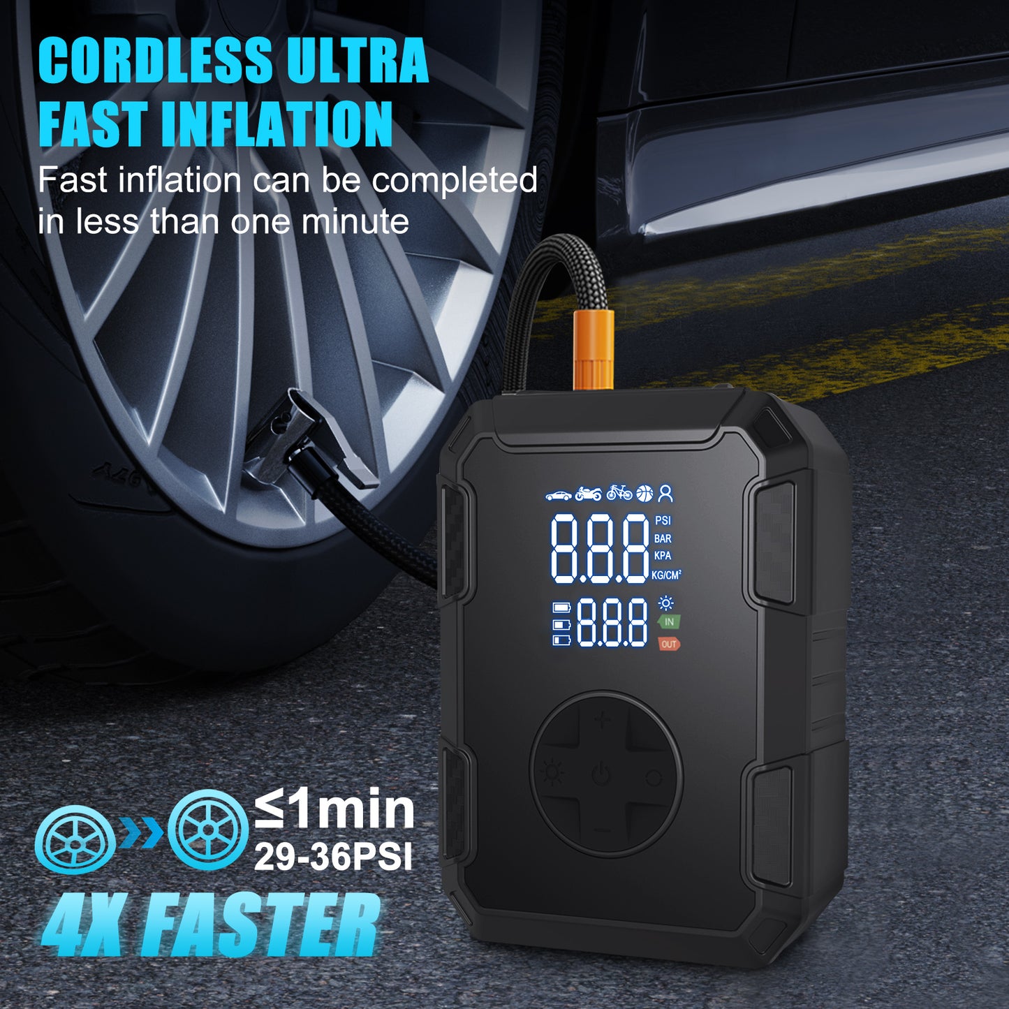 Cordless Air Compressor Tire Inflator,4X Faster 150PSI 5 Inflation Modes 20000mAh Auto-Shutoff with LED Digital Pressure,Rechargeable Tire Pump for Car Tires,Bikes,Balls,Motorcycles