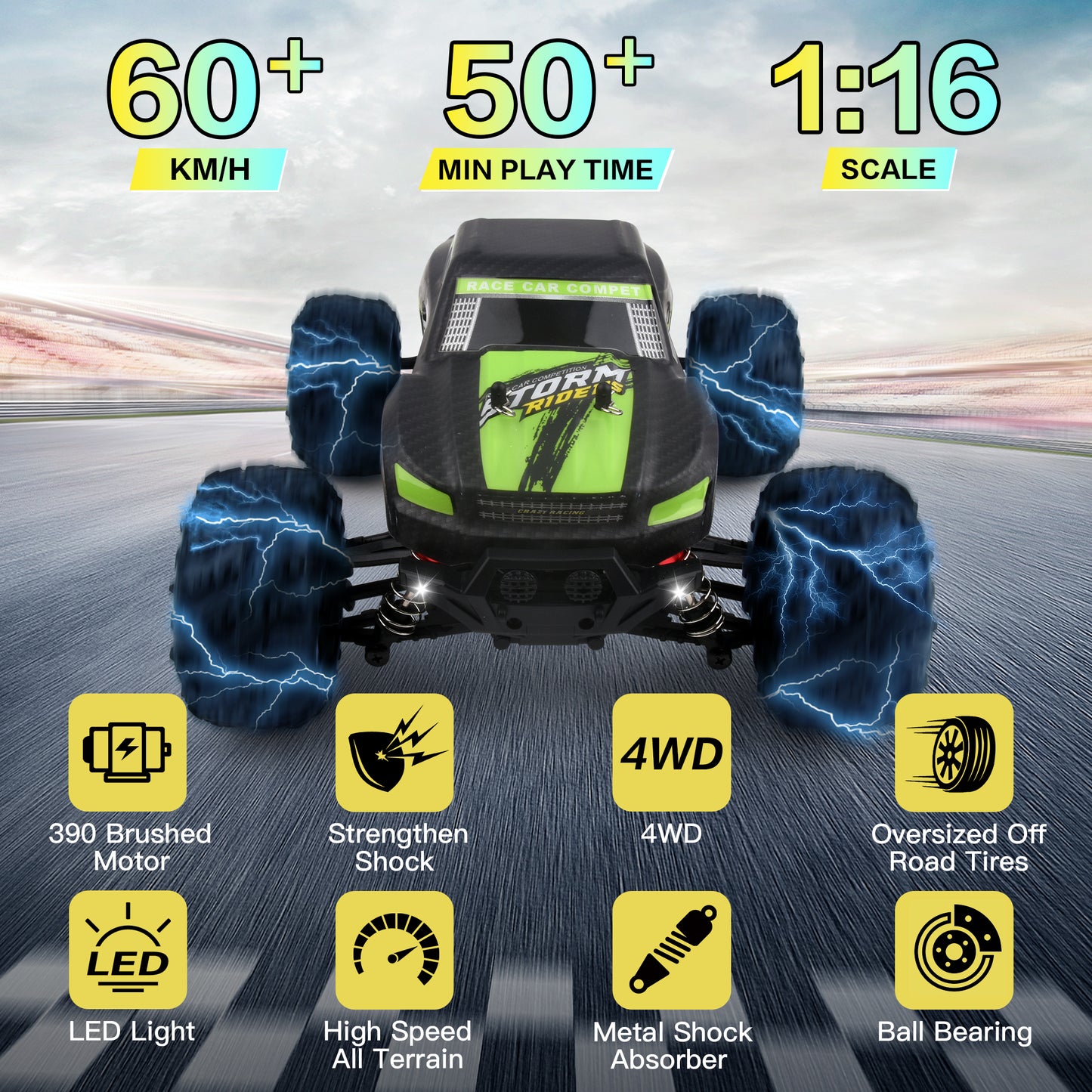RC Cars 1: 16 Scale All Terrain 4x4 Remote Control Car for Adults & Kids, 60+ KM/H Waterproof Off-Road RC Trucks, 2.4Ghz Radio Controller, 2 Batteries, 2 Car Bodies