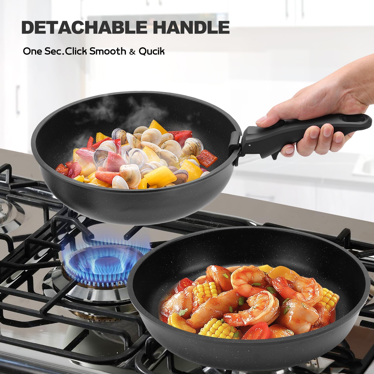 17-Piece Pots and Pans Set, Nonstick Cookware Set with Detachable Handles, Oven & Dishwasher Safe, Induction Compatible, Stackable RV Kitchen Cooking Set, Black