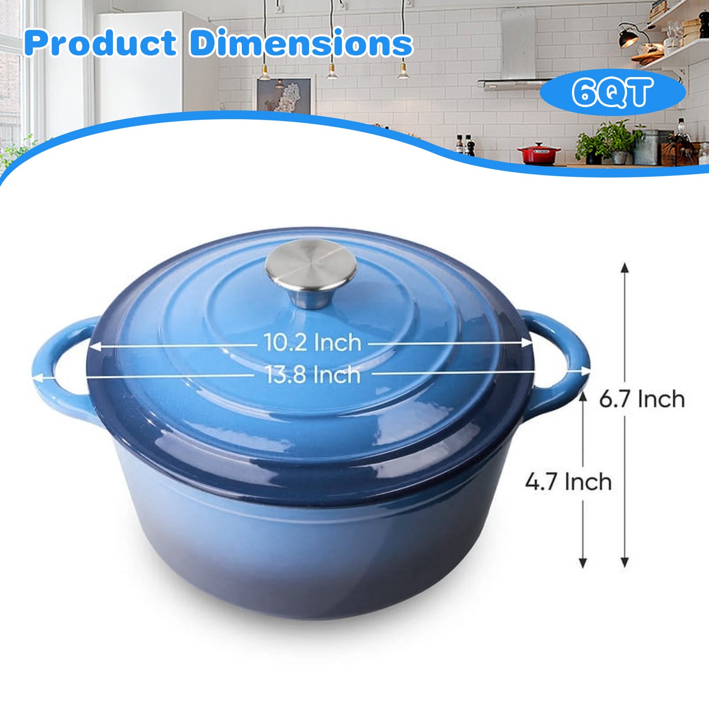 6 QT Enameled Cast Iron Dutch Oven with Lid, Nonstick Cookware for Baking, Roasting, Braising & Cooking, Dual Handles