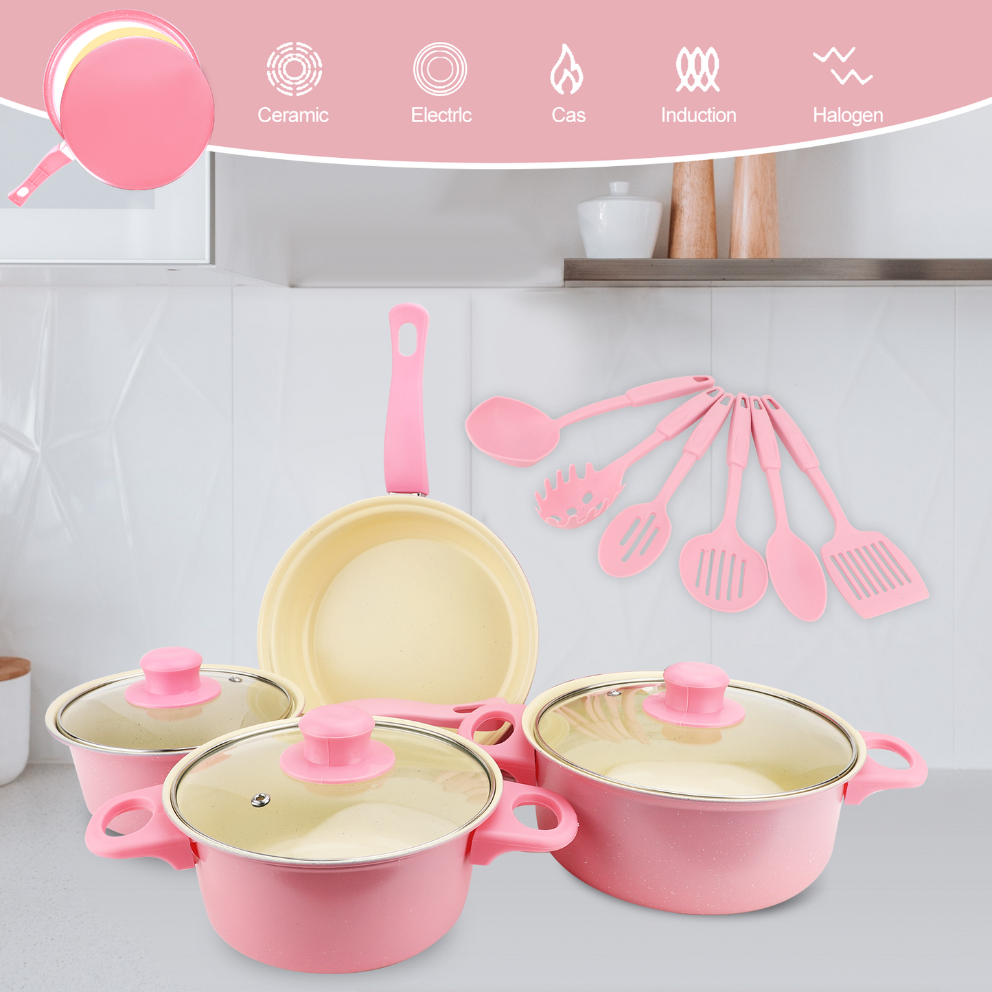 Cookware Set Anti Stick Maifan Stone Coating Refined Iron Soup Pots Frying Pan Soup Ladle Rice Paddle Spatula for Home Kitchen