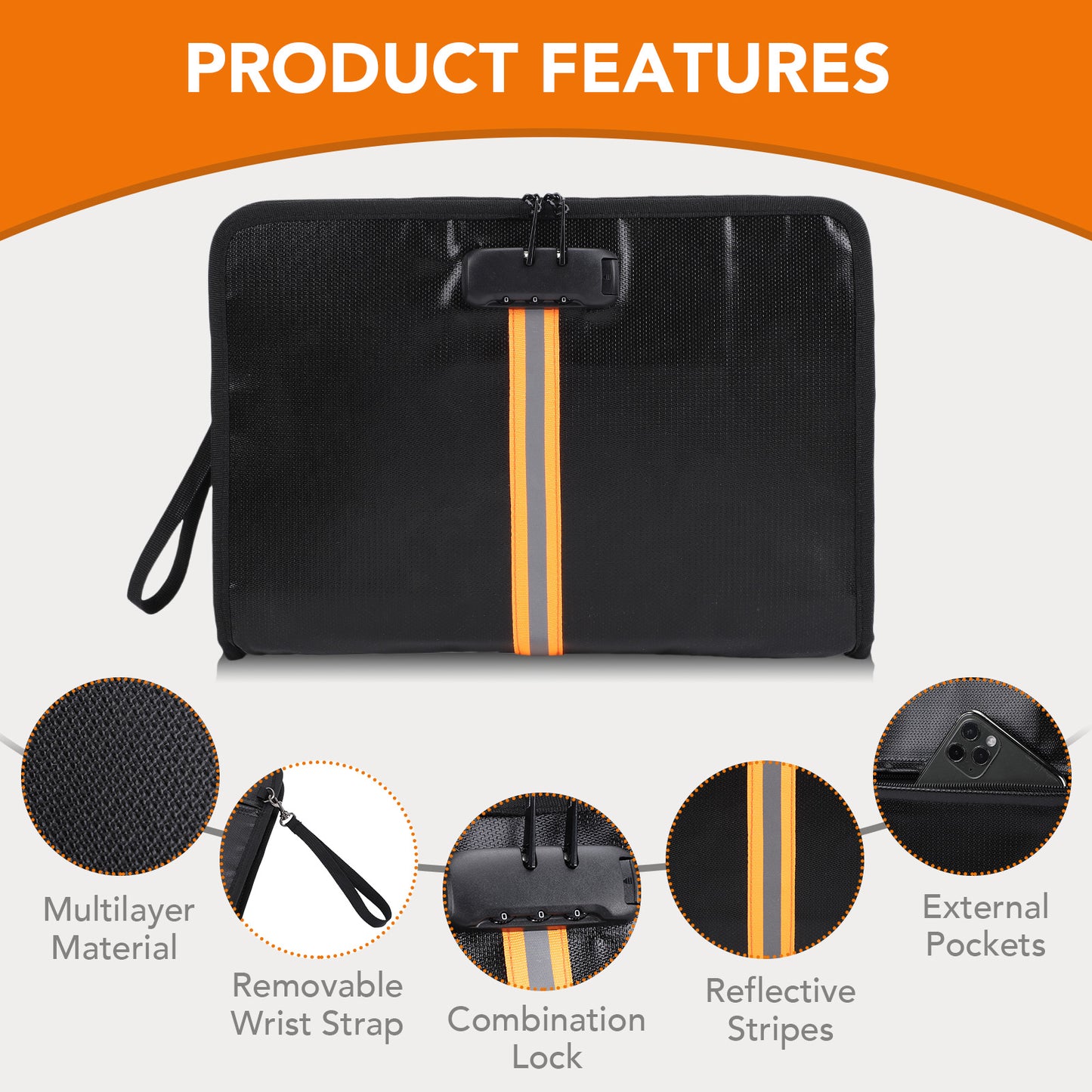 Fireproof Document Bag,13"×9.2" Fireproof Money Bag,with Combination Lock,Suitable for Tablets, A4 Documents, Cash, Mobile Phones, Credit Cards and Files,Orange