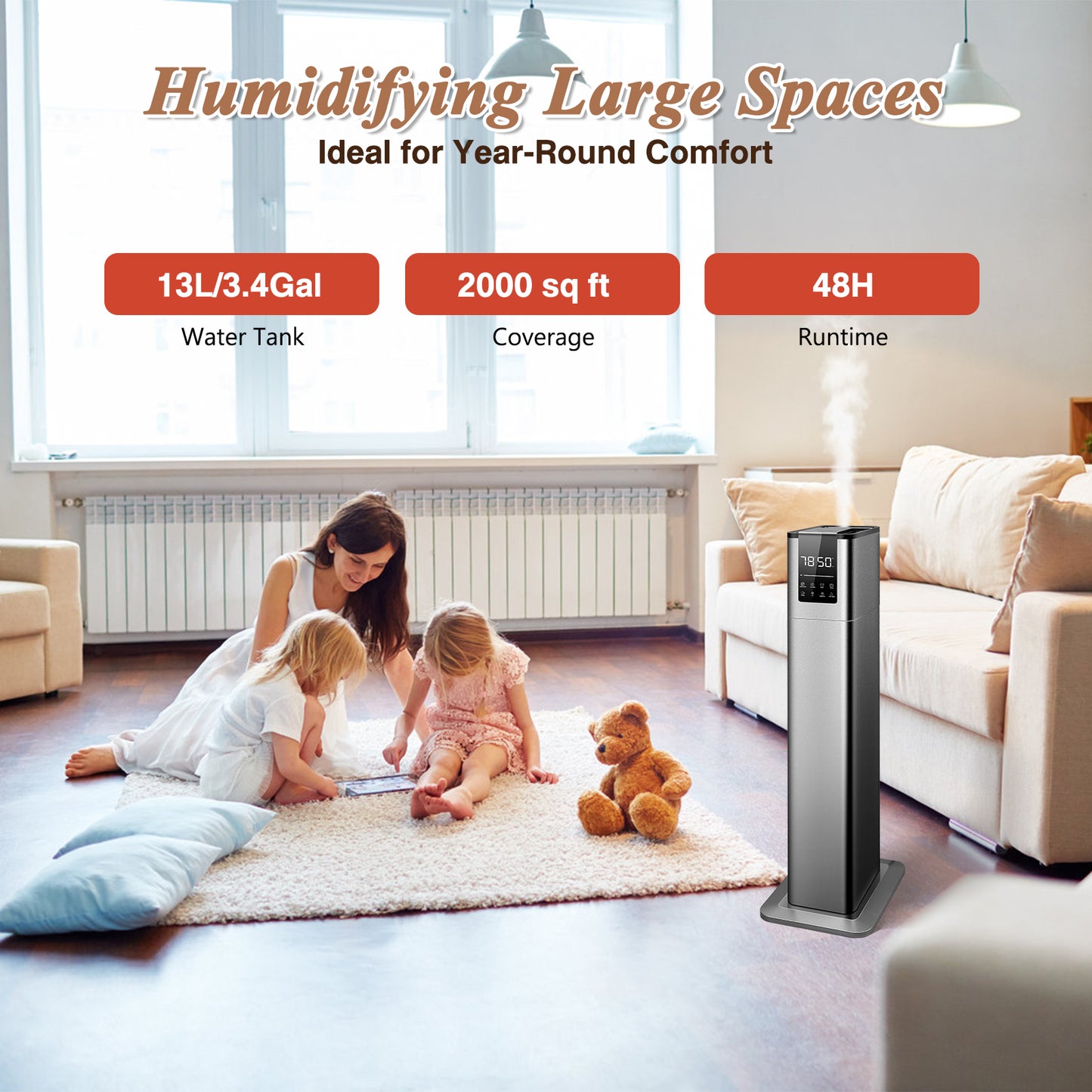 Humidifiers for Large Rooms, 13L/3.43Gal Top Fill Floor Humidifiers Cold Mist for Bedroom, Remote Control, Humidity Setting, Timer,Quiet, Aroma Box,Safety Lock