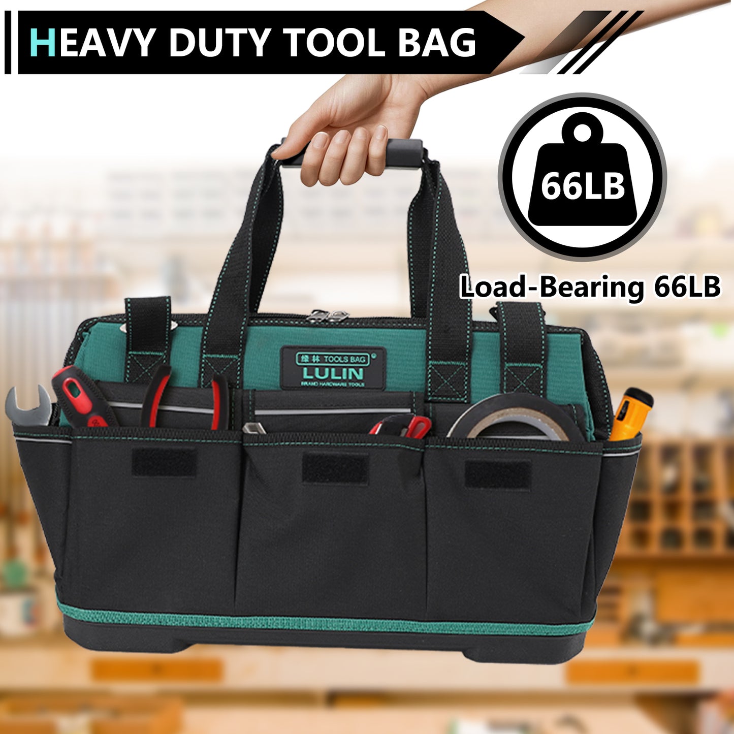 19-inch Tool Bag With 16 Pockets, Heavy Duty Hand Tool Storage Bag with Adjustable Shoulder Strap & Waterproof Strong Molded Base, for Tool Kit Organizer Bag