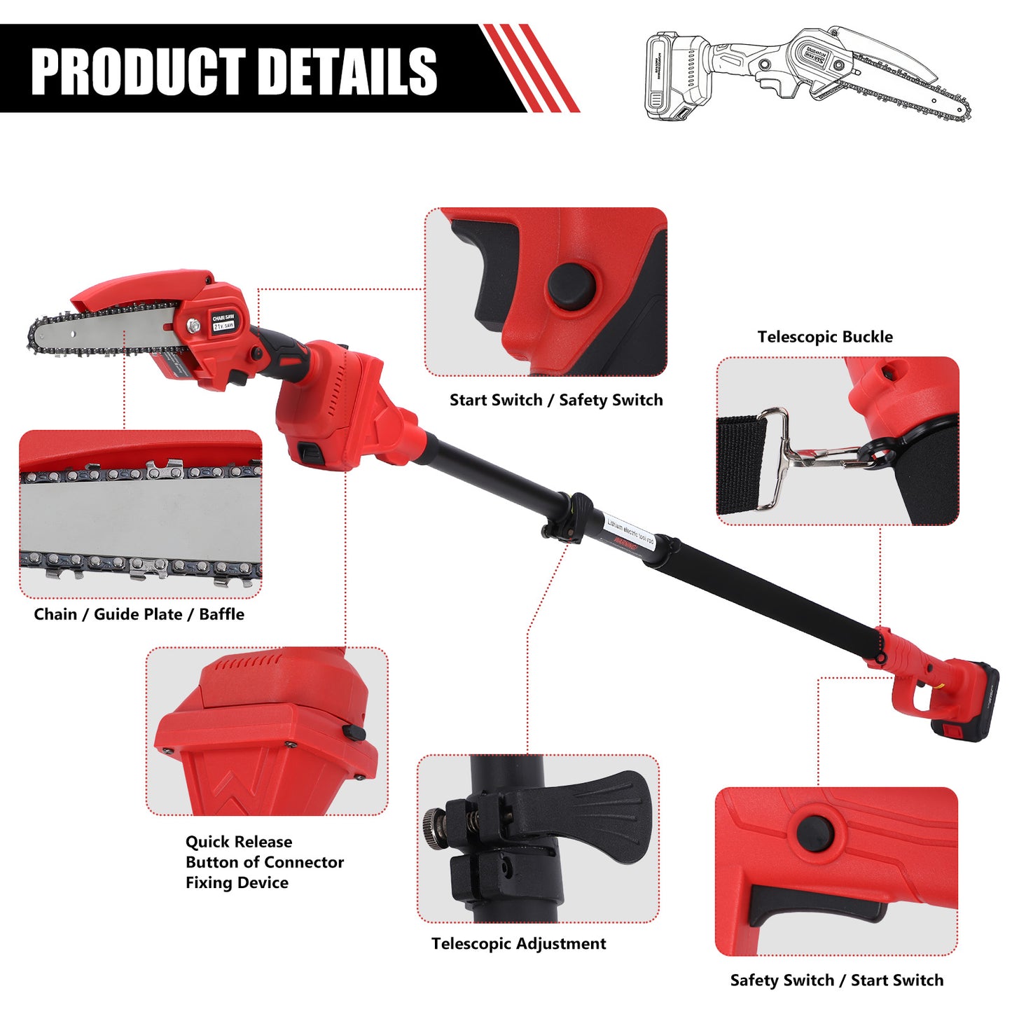 2-in-1 Brushless Cordless Pole Saw,6in + 8in Mini Chainsaw & Pole Saw with 2pcs 2.0A Batteries, 13.6ft Max Reach Brach Tree Saw Telescoping Extension Rod for Wood Tree Trimming Wood Cutting,Red