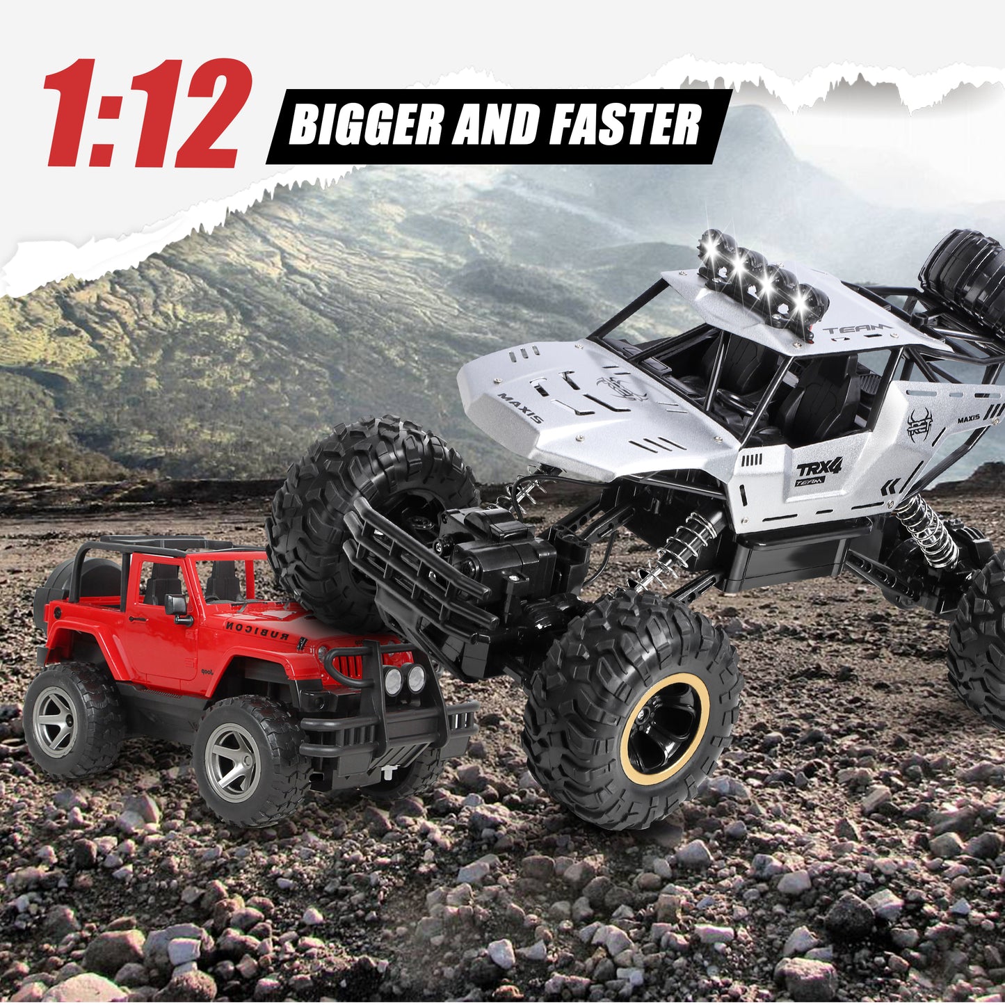 Alloy Off Road RC Truck 1:12 Electric Rock Crawler 4X4 RTR RC Crawler 2.4GHz RC Car Toy Crawling Remote Control Car for Kids Adults Beginners, 2 Batteries