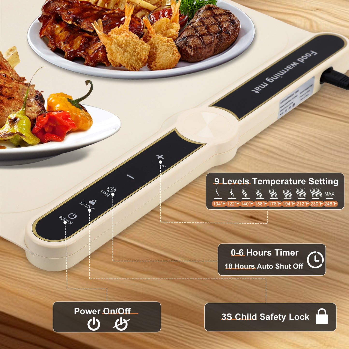 Food Warming Mat, (XXL 39"x15") Electric Warming Tray for Buffets Party, Fast Heating for Food with 9 Level Adjustable Temperature and 6 Hours Timer,18 Hours Auto Shut Off, Food Warmer