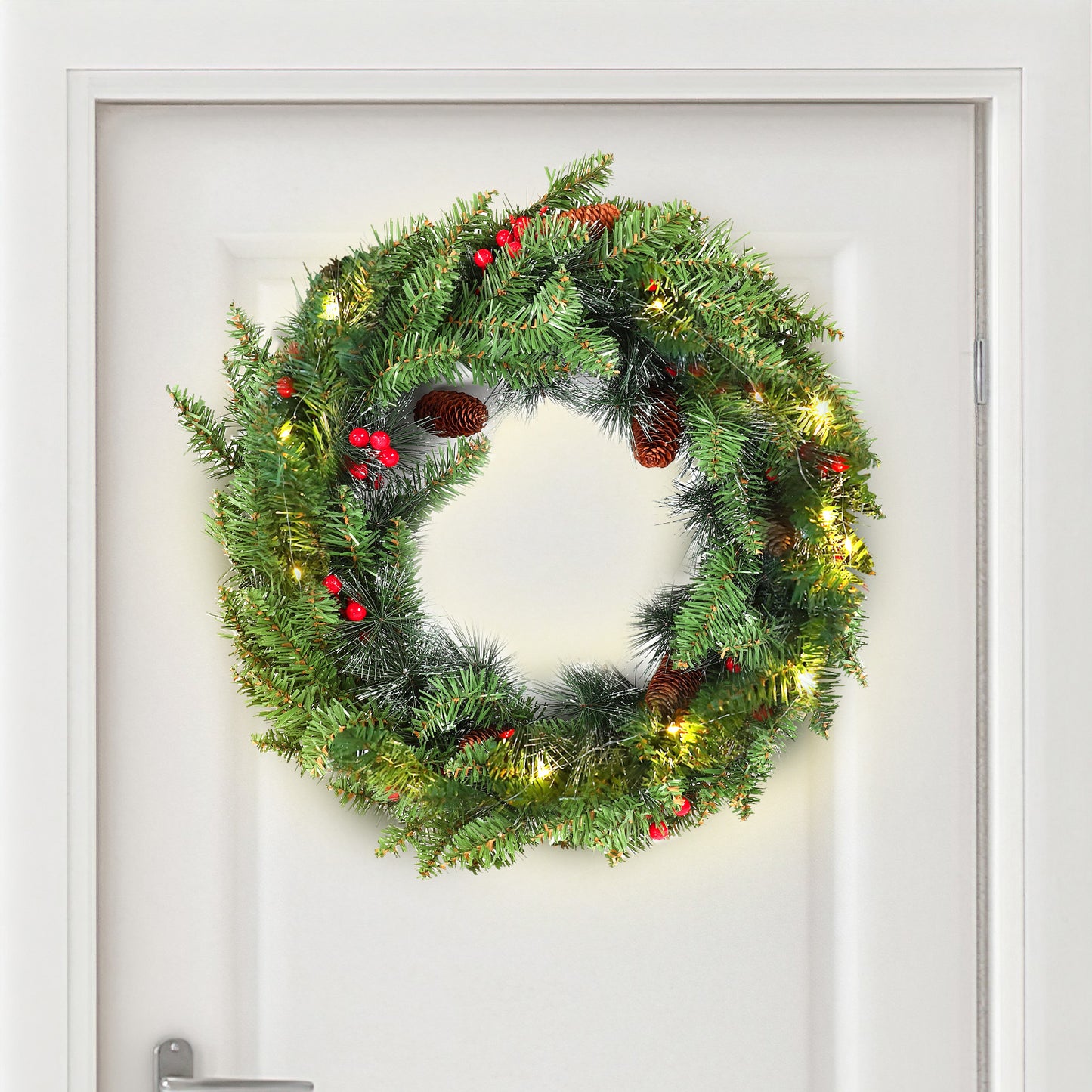 24 Inch Pre-Lit Artificial Christmas Wreath, Green, Crestwood Spruce, White Lights, Decorated with Pine Cones, Berry Clusters, Frosted Branches, Christmas Collection
