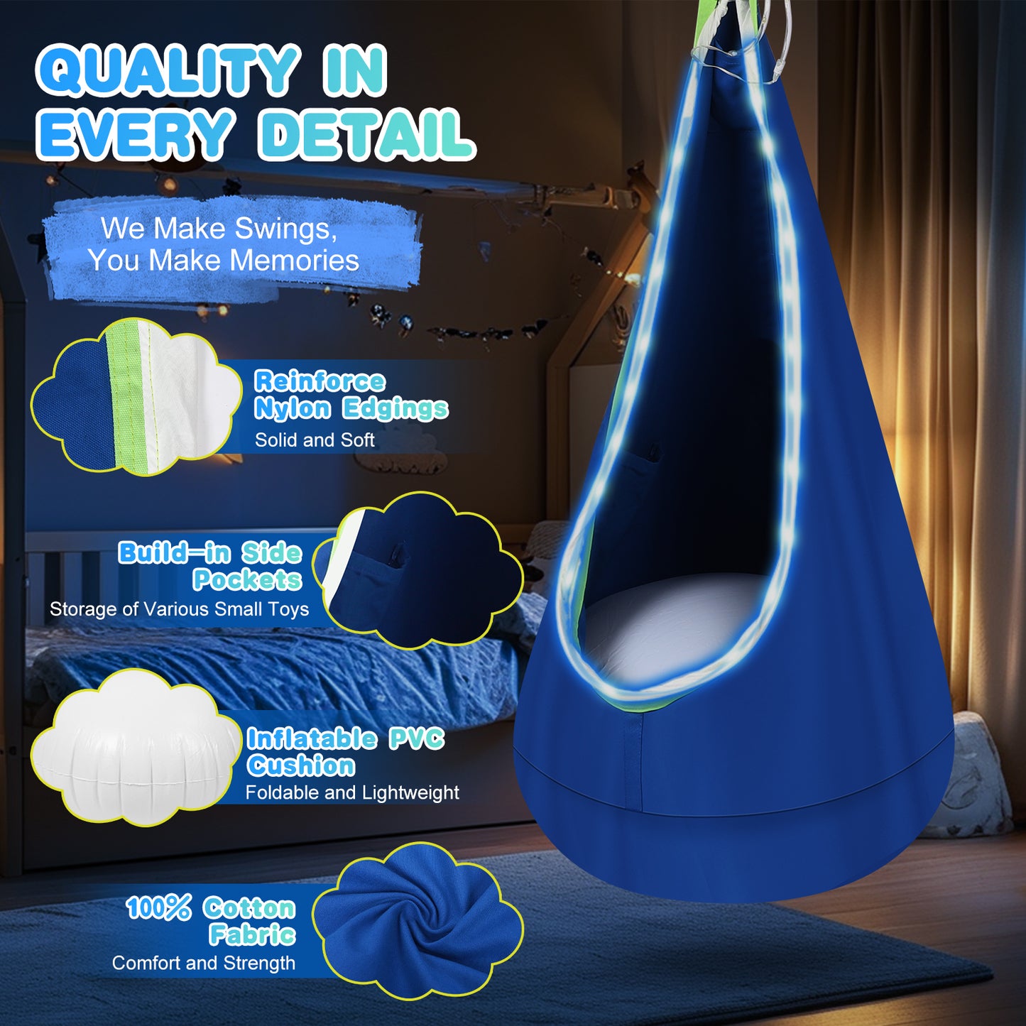 Hanging Pod Swing, Stable Cotton Pod Swing Light Up For Indoor