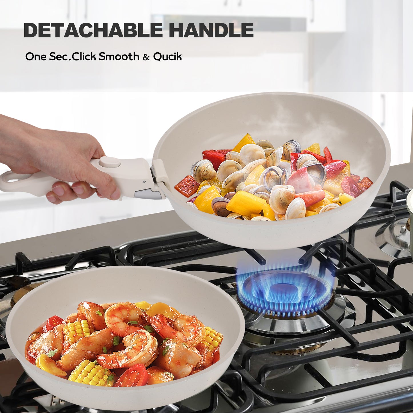 20 Piece Ceramic Pots and Pans Set Non Stick, Cookware Set with Detachable Handles, Oven Safe, Induction Ready, Stackable RV Kitchen Cooking Set, Cream White