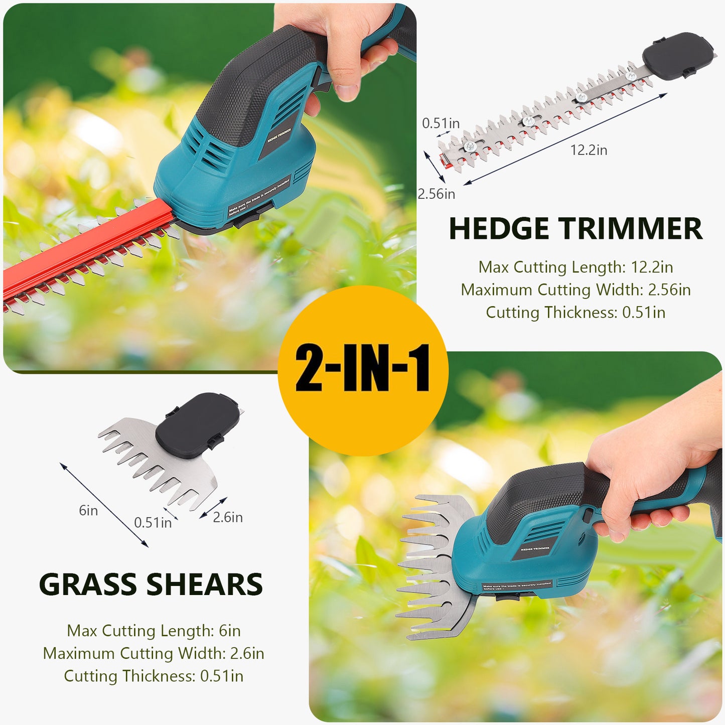 20V Cordless Hedge Trimmer- 2 In 1 Electric Handheld Grass Shear & Shrubbery Trimmer Kit, Hedge Shear W/ 2PCS Rechargeable Battery Lightweight For Bush, Lawn, Patio, Tree, Garden, Yard